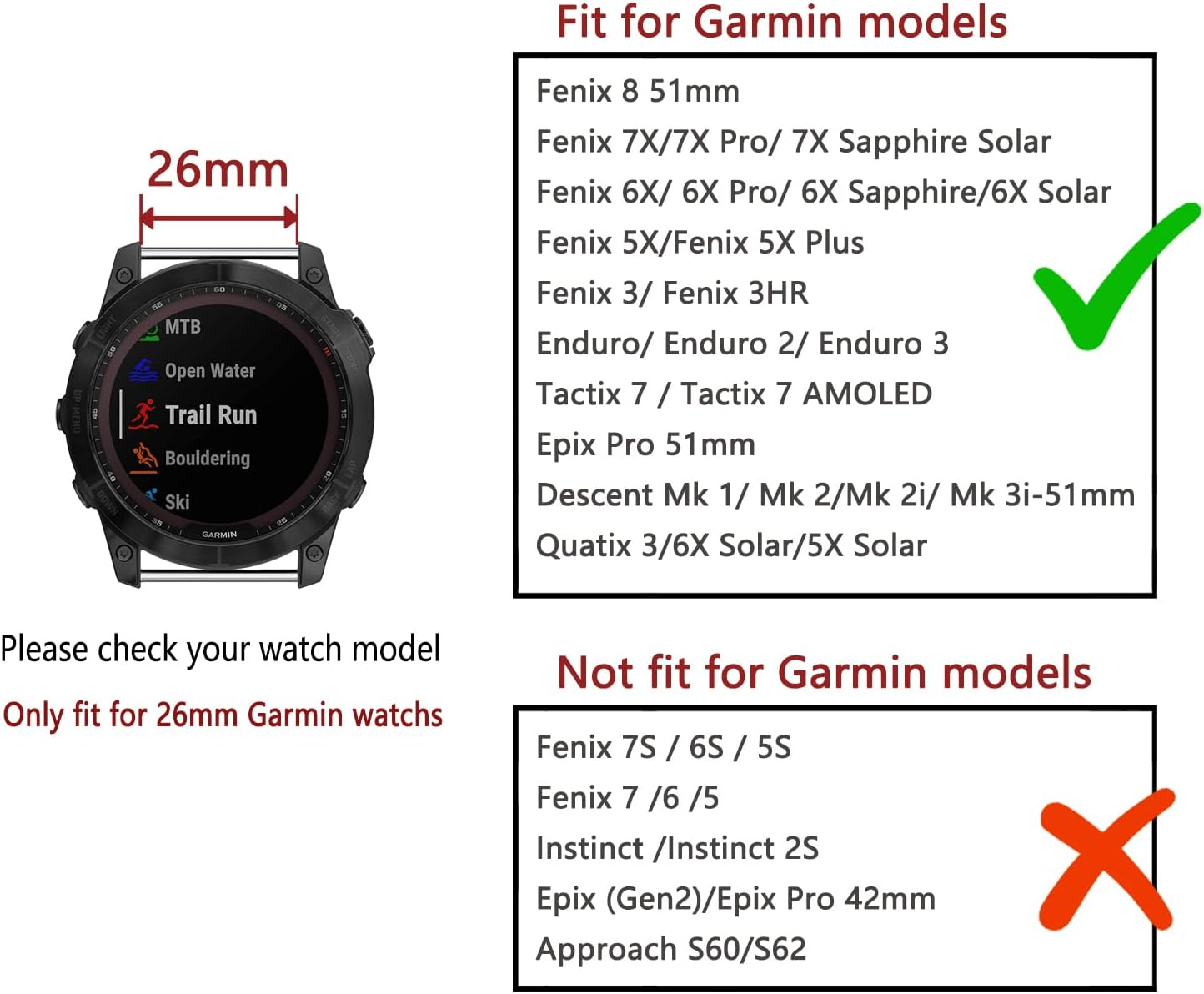 26Mm Quick Fit Silicone Watchband for Garmin Fenix 8 51Mmband, Waterproof Watch Strap Compatible with Fenix 7X/Fenix 6X/Fenix 5X/Fenix 3/Enduro/Epix Pro 51Mm image number 1