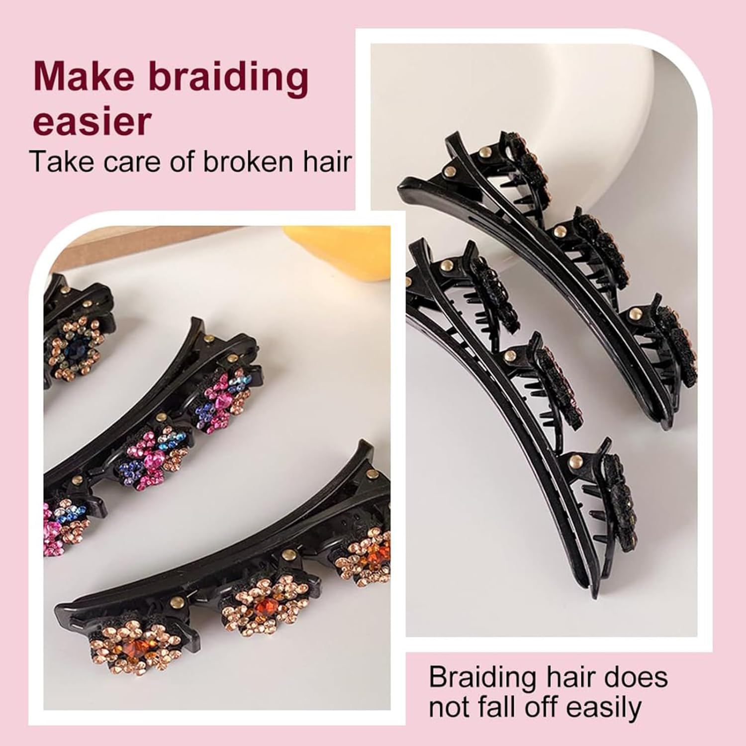 Sparkling Crystal Stone Braided Hair Clips, New Satin Fabric Hair Bands Rhinestone Four-Leaf Clover Hair Clip for Styling, Braided Hair Clips for Women and Girls (Colorful, Standard) image number 4