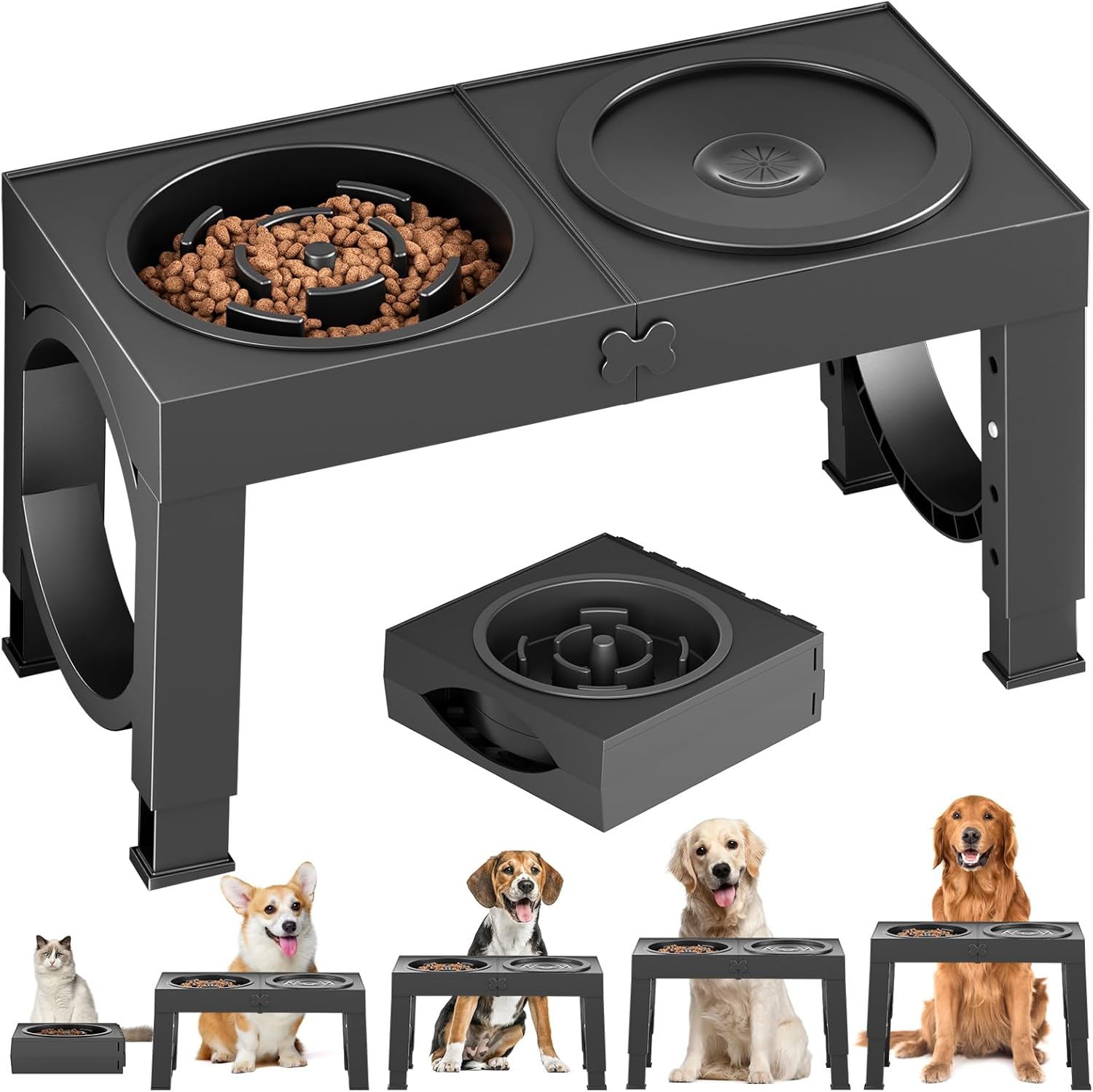 Slow Feeder Dog Bowl Stand - Elevated Dog Food and Water Bowl Set for Large Medium Sized, 4 Heights Adjustable, Non-Slip, Durable, Prevents Bloating & Improves Digestion Black image number 4