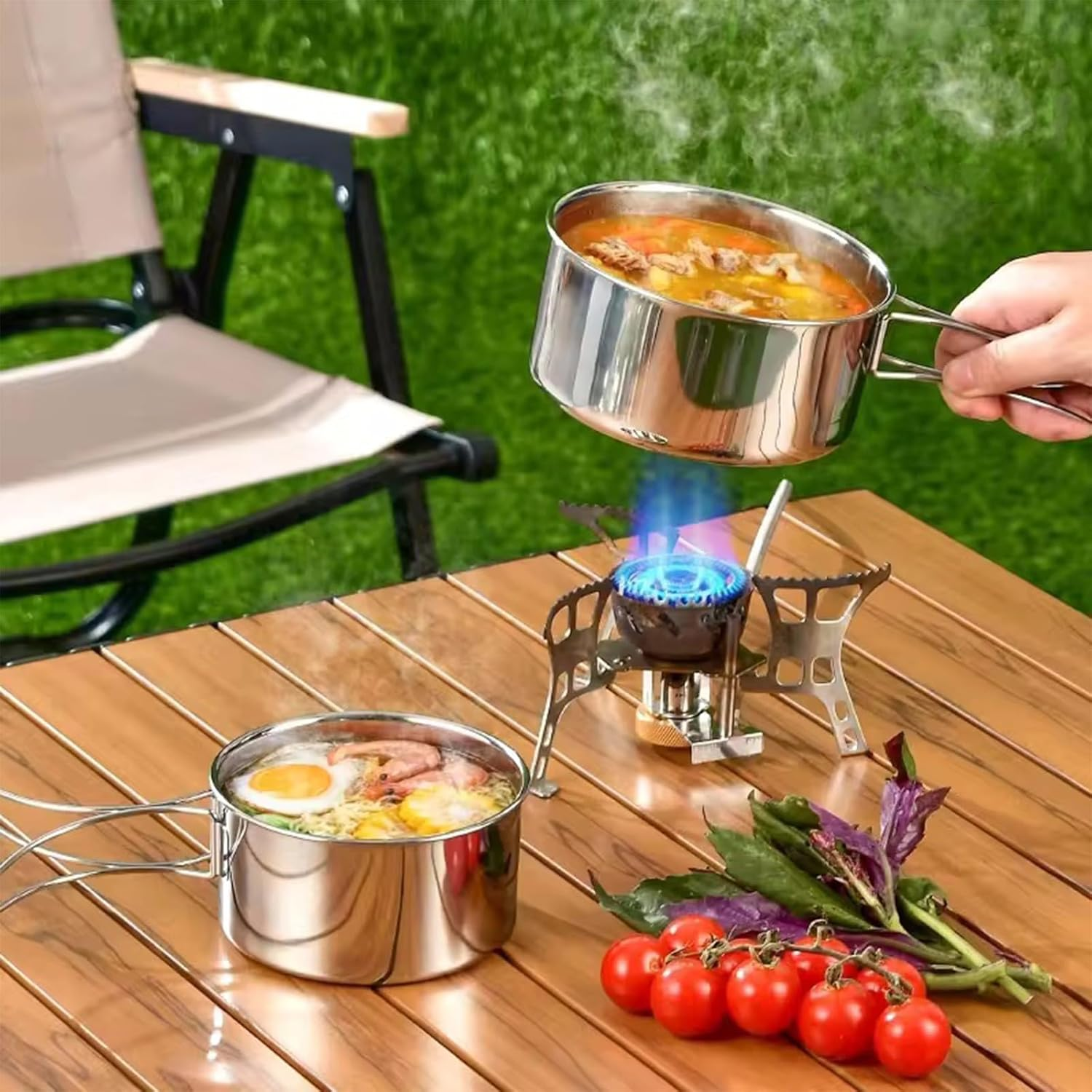 8Pcs Stainless Steel Camping Cookware Set, Camping Cooking Equipment, 2-3 People, Compact, Easy to Carry, Complete Set, Healthy & Safe image number 2