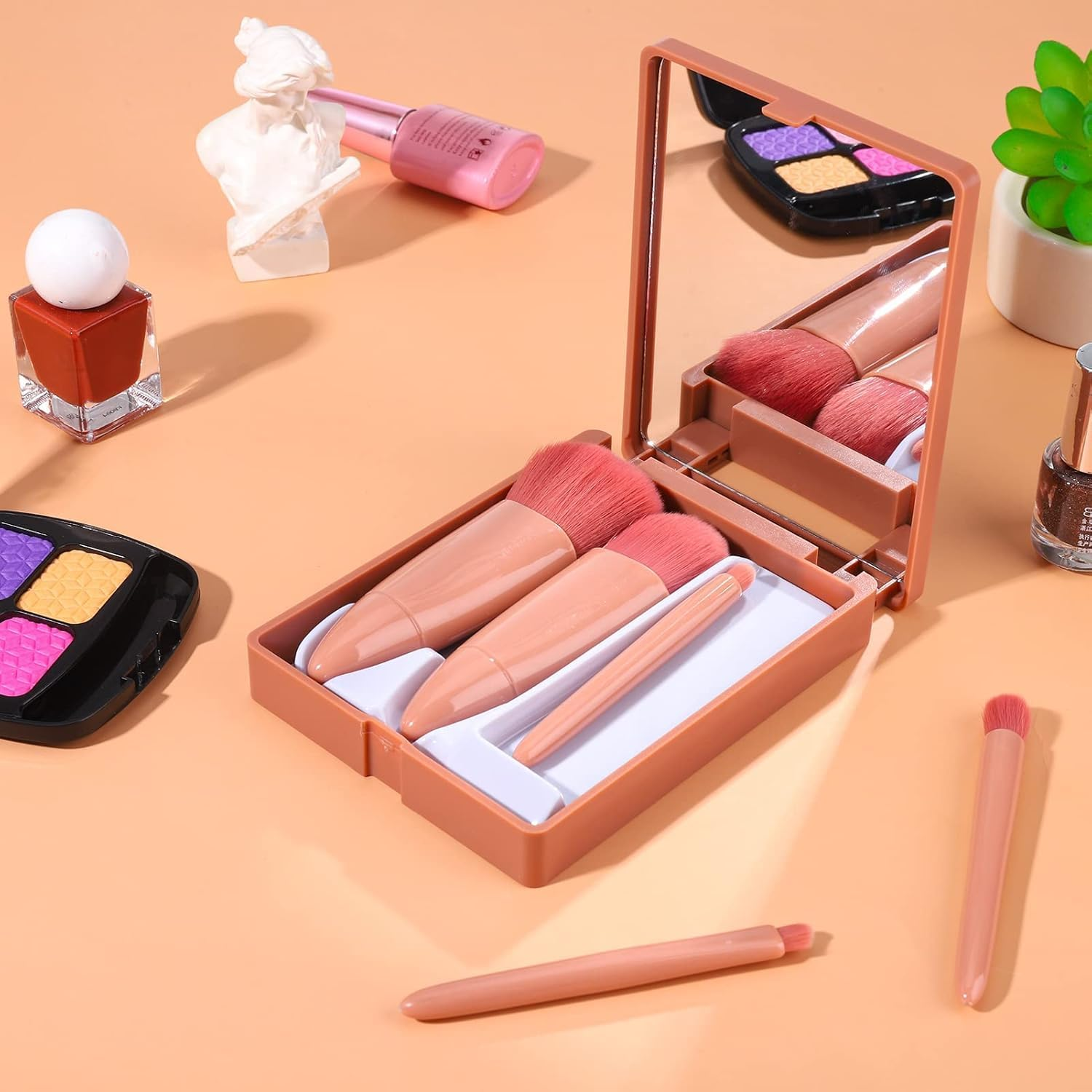 5 Pcs Makeup Brushes Set, Portable Travel Small Makeup Brushes with Brush Case Built-In Mirror, Cosmetics Brushes for Eyeshadow, Powder, Foundation