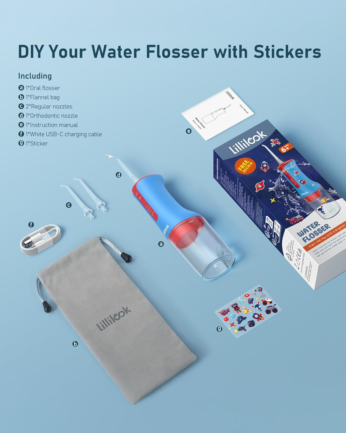 Lillilook Kids Water Flosser, Portable Waterproof Oral Irrigator Water Teeth Cleaner Pick, 4 Modes for Ages 6+, Rechargeable with 3 Jet Tips Blue