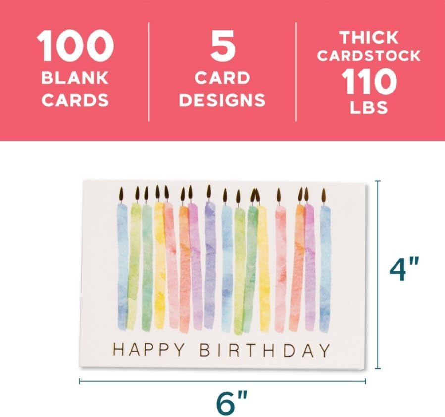 VNS Creations 100 Happy Birthday Cards, Assorted Watercolor & Gold Foil Blank Birthday Notes Pack, Bulk Boxed Assortment Set of Greeting Note Cards W/Envelopes & Stickers image number 6