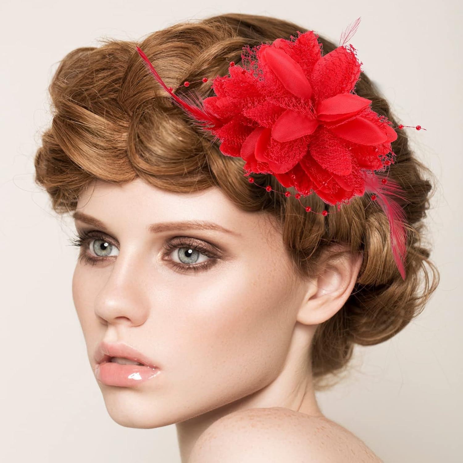 Sibba Flower Hats Clips Hairpin Barrettes Rose Hair Dress Valentines Mother'S Day Easter Headwear Headpiece Accessory Pin Floral Feather Women Girls Dresses for Travel Wedding Prom Party (Red) image number 5