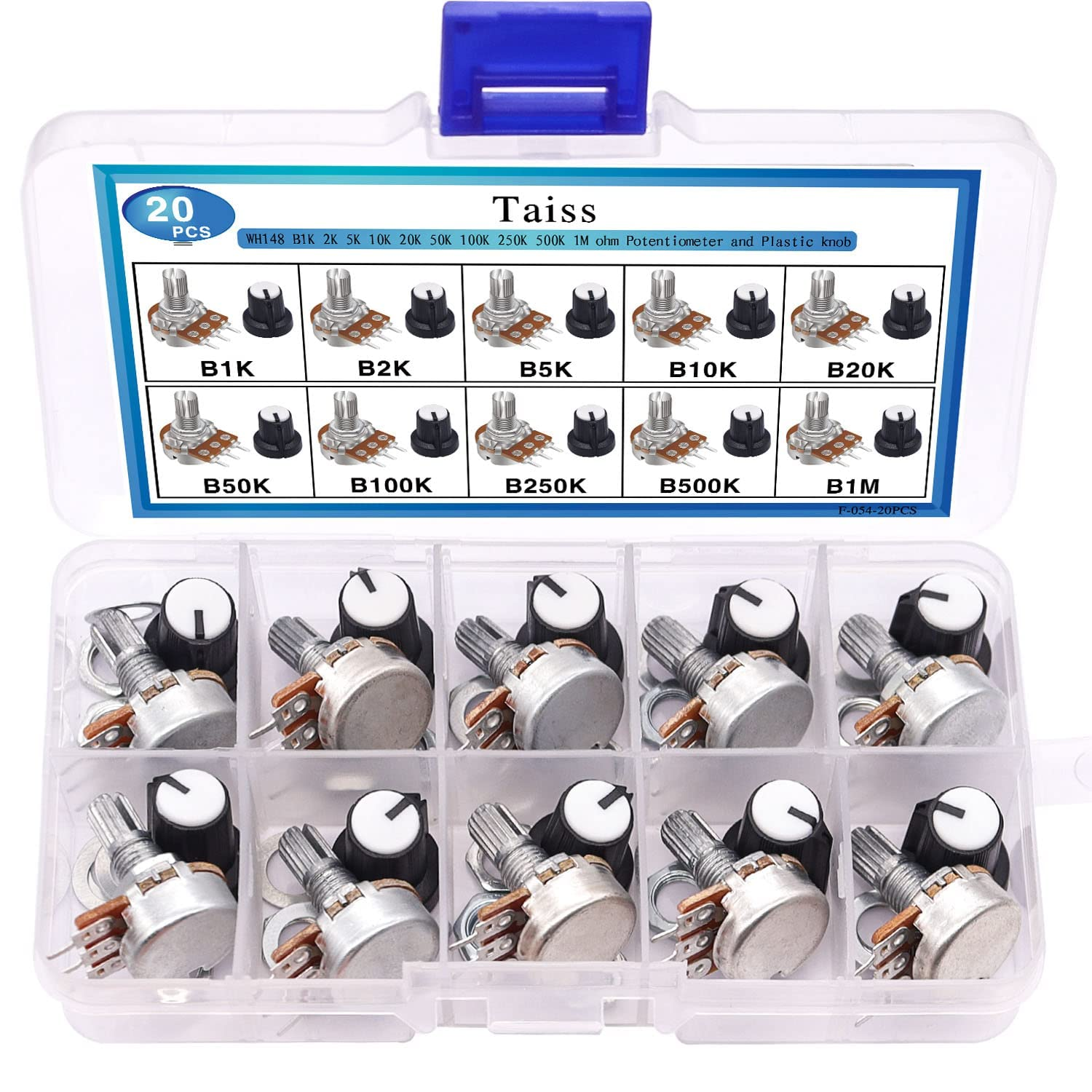 Taiss 20PCS Potentiometer Kit with Knobs B1K 2K 5K 10K 20K 50K 100K 250K 500K 1M Ohm Potentiometers Assortment 3 Terminals Linear Taper Rotary Audio B Type Potentiometer,Volume Control Potentiometer image number 6