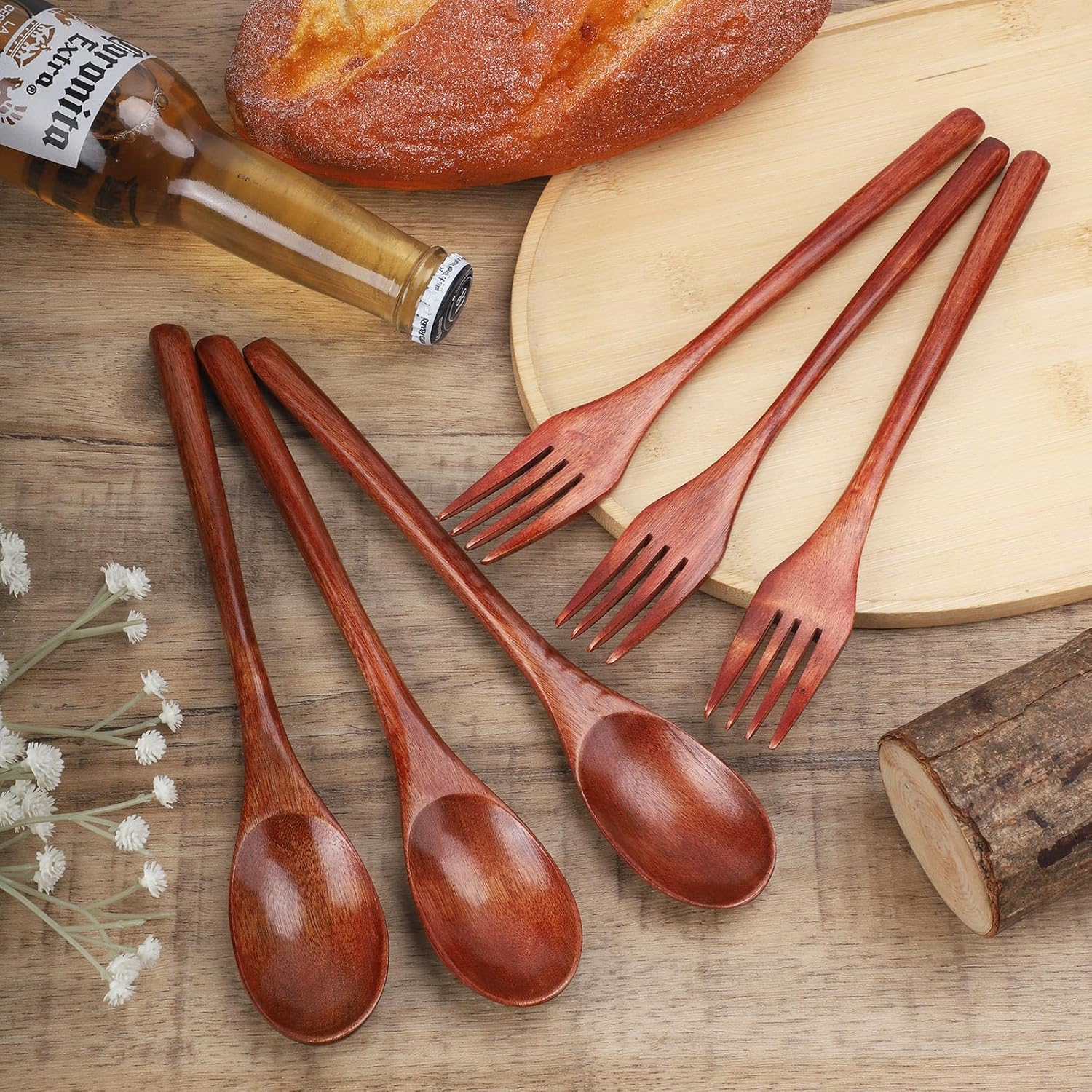 Gosknor 6Pcs Wooden Spoons and Forks, 3 Sets of 8.86 Inch Wooden Flatware for Daily Use image number 3