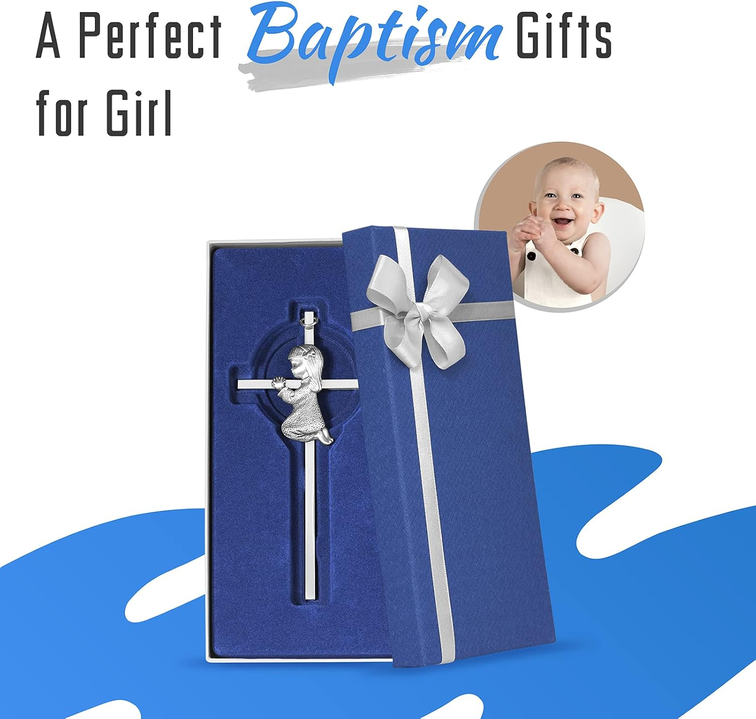 Baby Wall Cross Baptism Gifts for Girl, 6-Inch Silver Praying Girls Baptism Crosses for First Holy Communion Christening and Dedication Baptismal Gifts from Godparents image number 2
