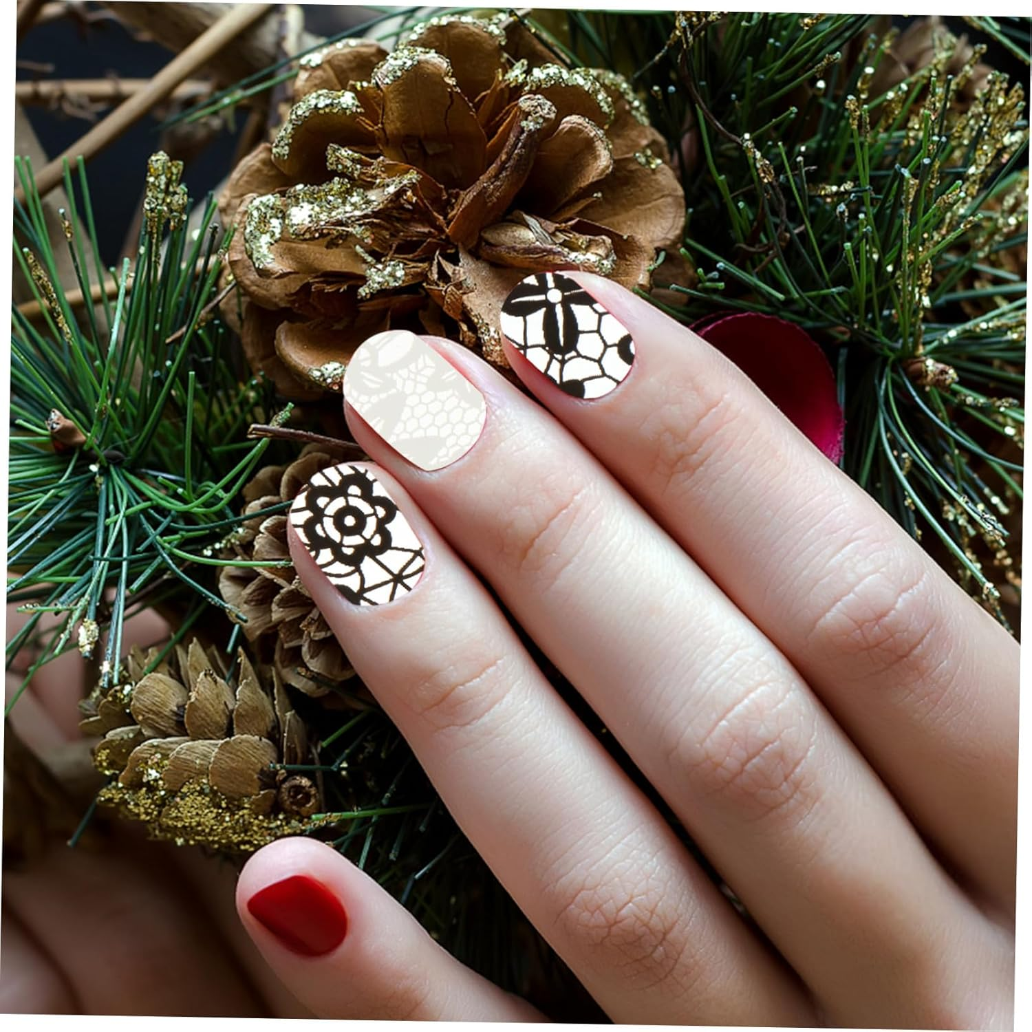 DECHOUS 2 Boxes Artificial Nails with Black and White Lace Nail Decorations DIY Fake Fingernails Full Coverage Easy Trim for Women