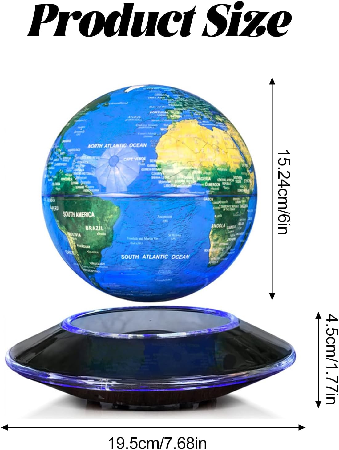 Levitating Globe, 6" Levitating World Map Desk Lamp with Rotating LED Night Light, for Home Office Decor & Educational Gift (Modern Room Lighting) (Blue (Colored Light)) image number 5