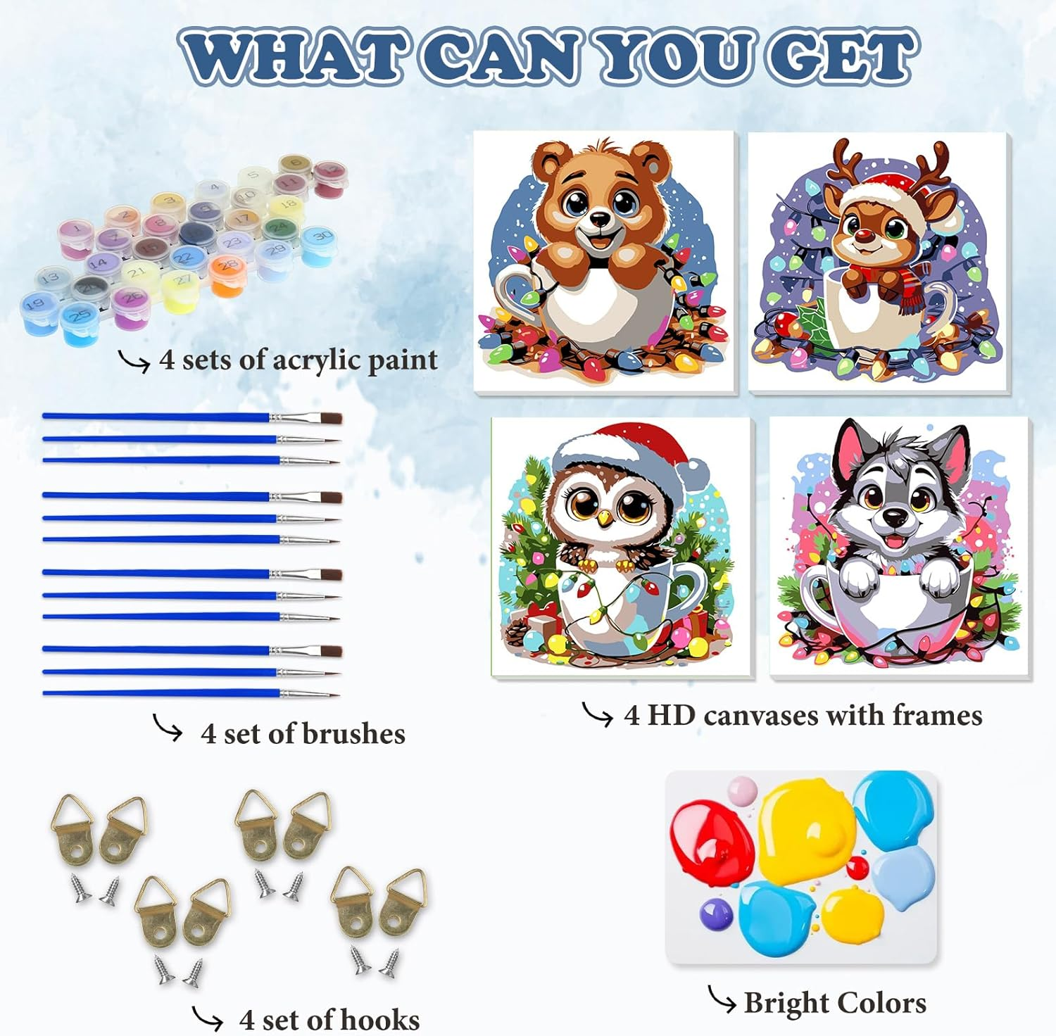 HEIBAGO Christmas Framed Paint by Numbers for Audlts, 4 Pack Animal Paint by Numbers Canvas, Audlt DIY Owl Oil Paint by Numbers Kits, Elk Painting Art Craft for Home Wall Decor 20X20Cm - Christmas Animal Dog Cat image number 3