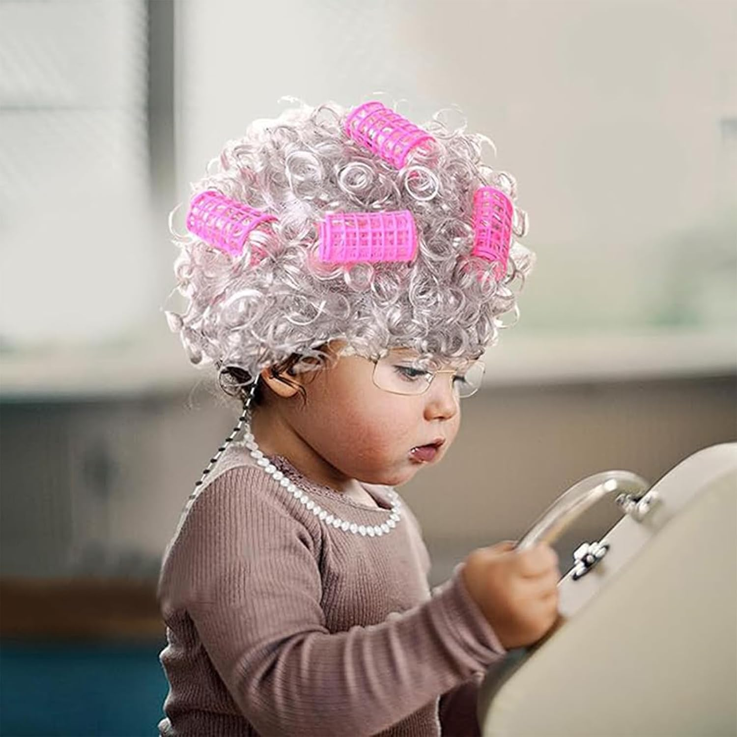 8Pcs Old Lady Dress up Wig Set, Granny Cosplay Set Halloween Grandma Curly Hair - Grandmother Wig, Hair Cap,Granny Glasses, Eyeglass Chains Cords Strap,Curlers,Pearl Necklace,Pearl Earrings image number 5
