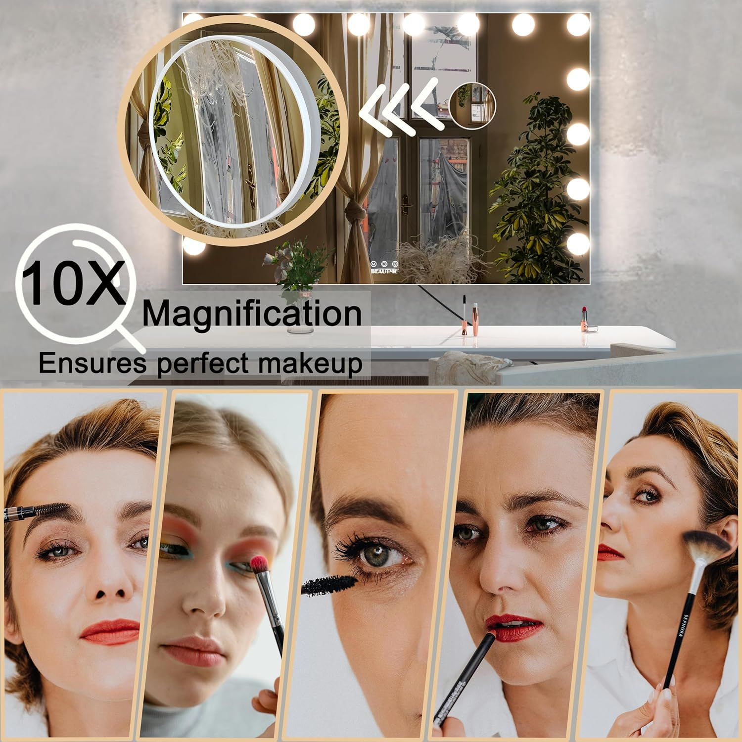 LETSFIELD Hollywood Mirror 91 X 62 Cm, Large Vanity Mirror with 16 Dimmable Lights for Bedroom, Desk Mirror or Wall Mounted Makeup Mirror, Including 10X Magnifying Mirror (Silver) image number 3