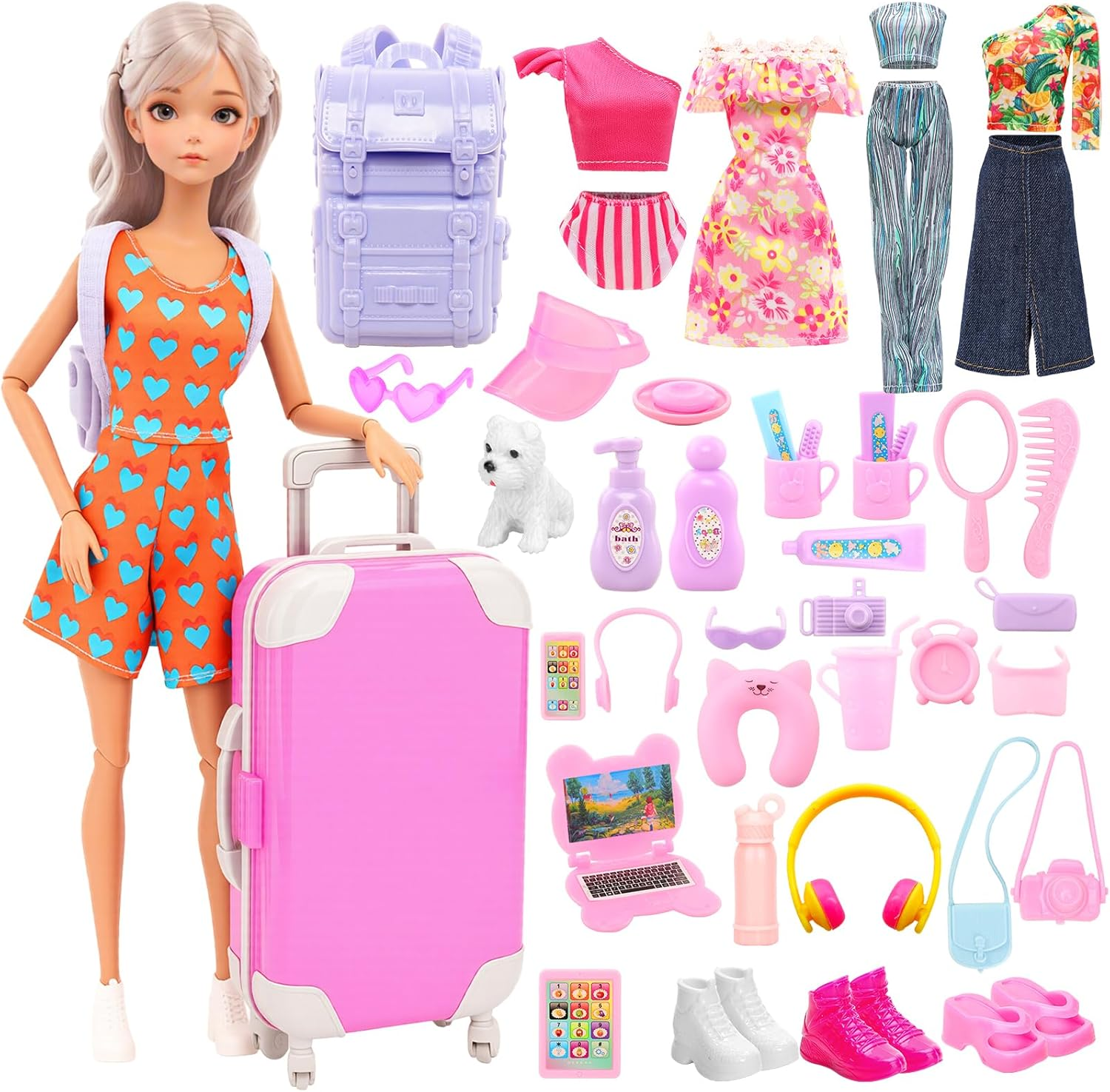 40 Pcs 11.5 Inch Girl Doll Clothes and Accessories Include Travel Suitcase 5 Outfits Dress Swimsuit 3 Shoes Luggage Backpack and Other Accessories for 11.5 Inch Girl Dolls image number 5