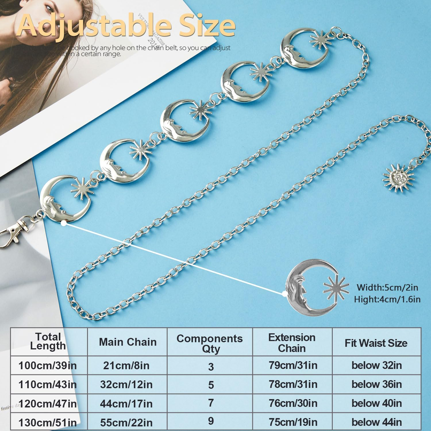 FIORETTO Chain Belt for Women Metal Waist Chain Fashion Multilayer Chain Belts for Dress, Silver, One Size image number 2