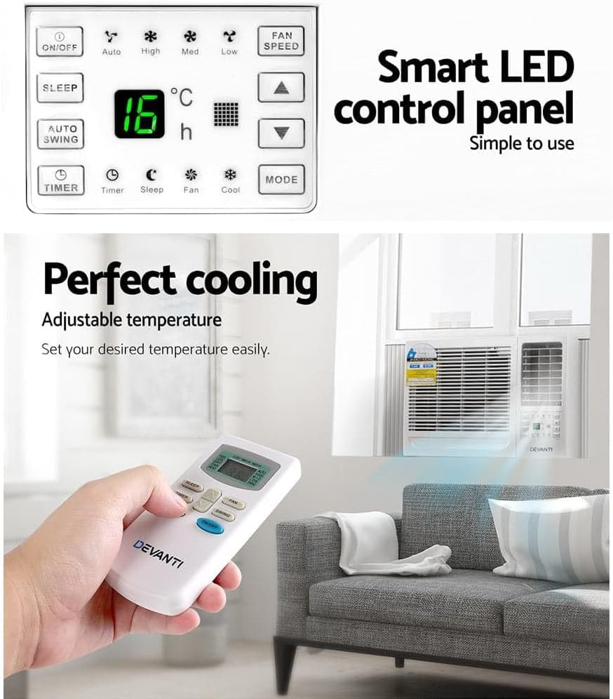 Devanti 1.7Kw Window Air Conditioner with Remote, LED Control, 3 Speeds, 2 Modes, 24Hour Timer, Cooling Fan for Bedroom, Home or Office &ndash; White image number 2