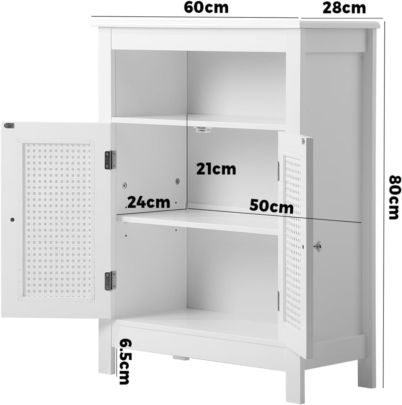 Oikiture 80Cm Bathroom Storage Cabiner with 3 Shelves and Rattan Door Hallway Sideboard Cupboard Standing Floor Buffet Side Cabinet White image number 5