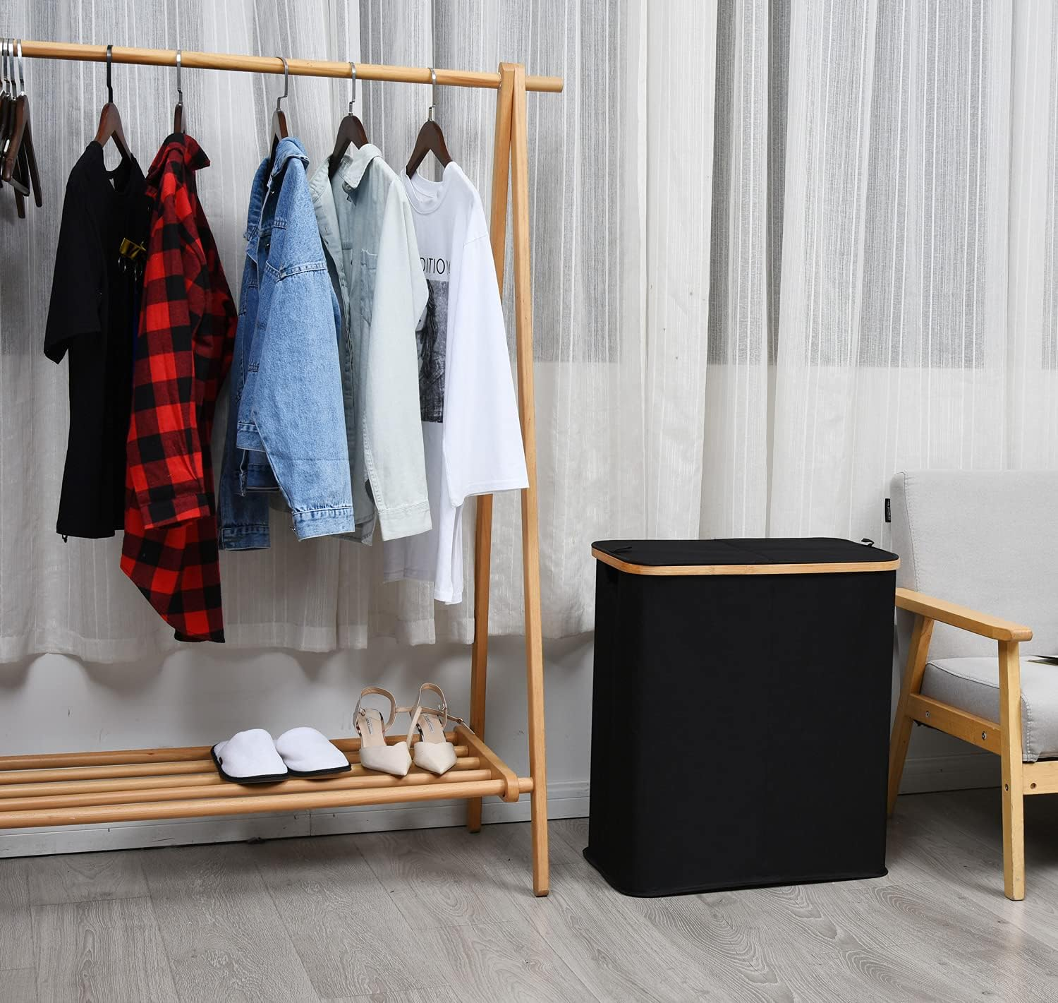 ALINK Divided Folding Bamboo & Canvas Laundry Hamper- Double Large Laundry Basket with Lid - Modern Collapsible Hamper with Handles, Waterproof Liner, Great for Adults, Bathroom, Living Room-Black image number 3