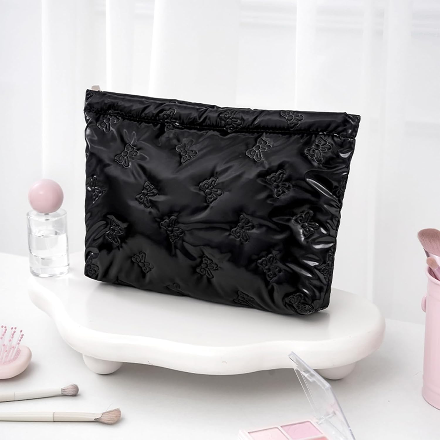 Makeup Bag，3 PCS Cosmetic Bags Set，Large Capacity Quilted Makeup Bag for Women with Bow Butterfly Pattern，Cute Cotton Makeup Bag Set，Waterproof Travel Toiletry Organizer Bag (Black)