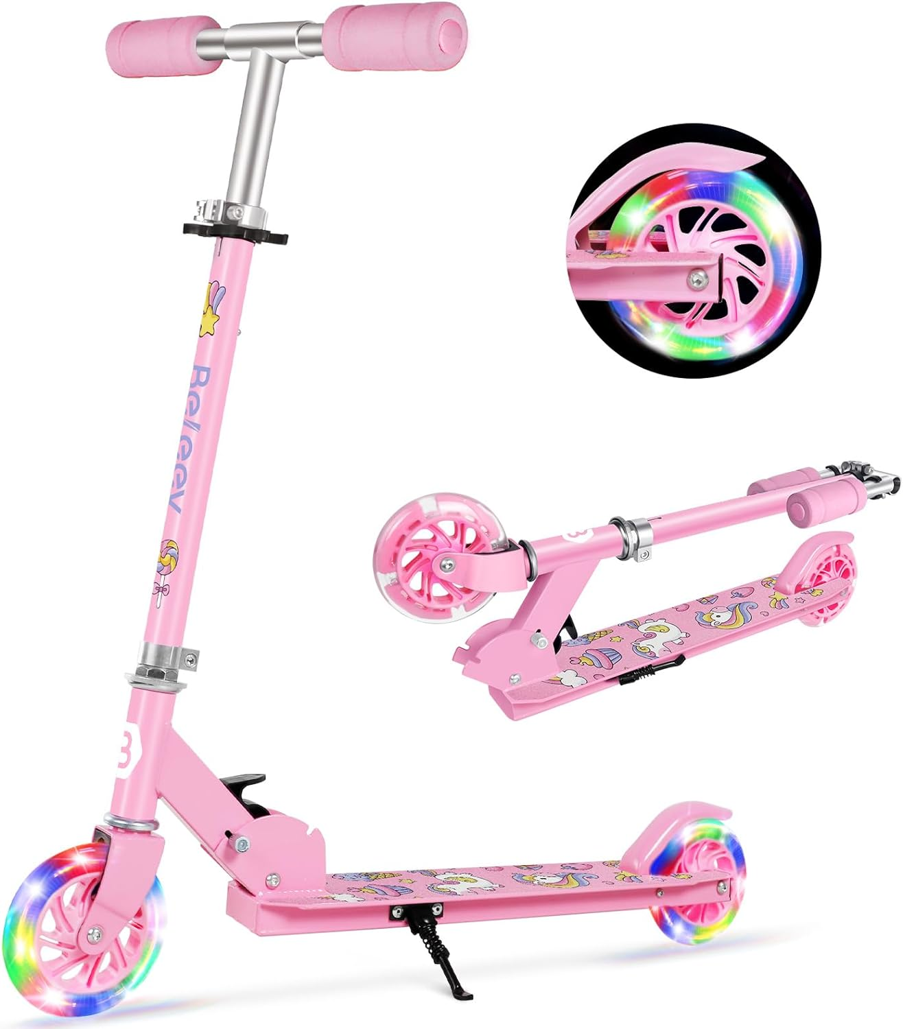 BELEEV V1 Scooters for Kids, 2 Wheel Folding Kick Scooter for Girls Boys, 3 Adjustable Height, Light up Wheels, Lightweight Scooter with Sturdy Frame, Kickstand for Children 3 to 12 Years Old