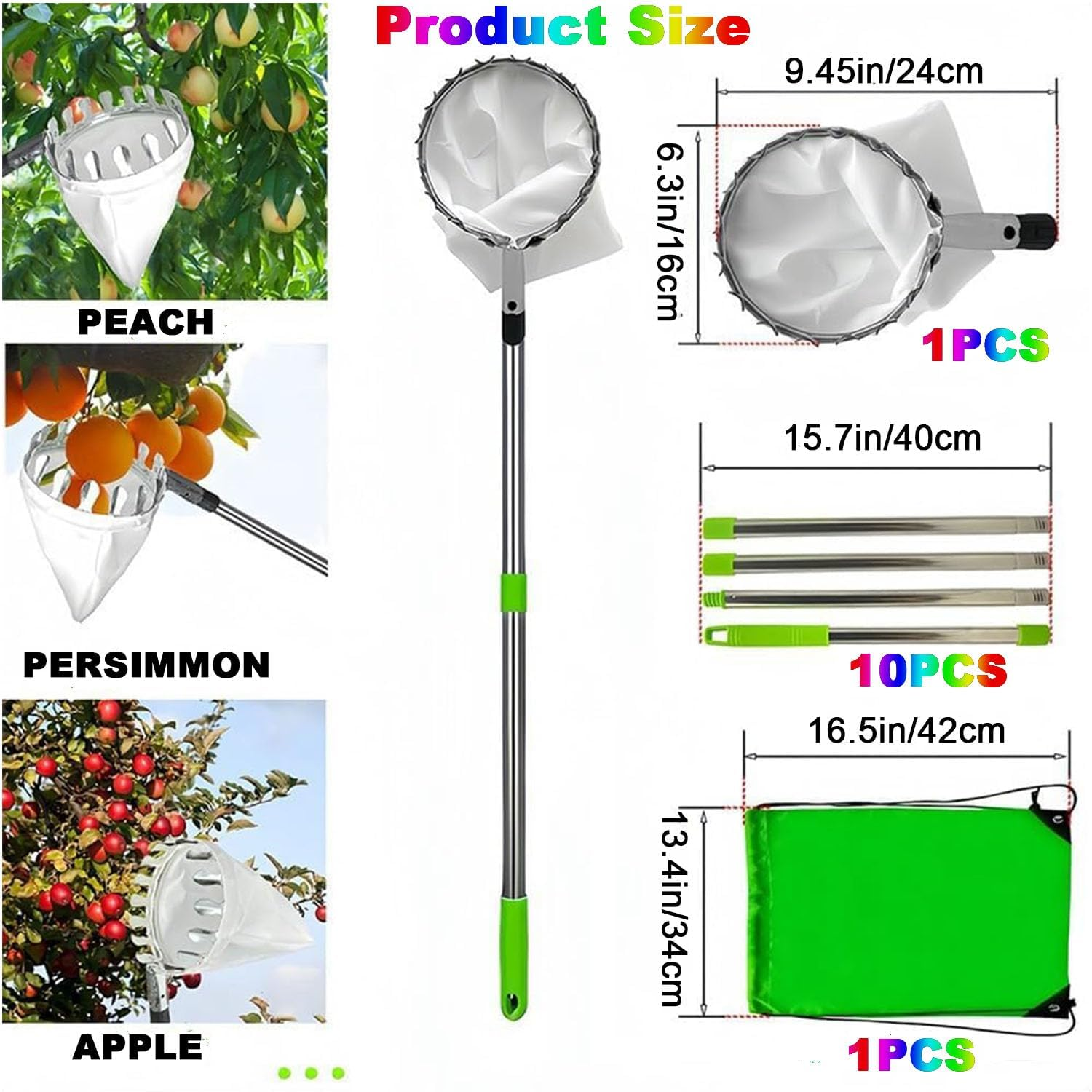 WADY Fruit Picker Tool, 4M Telescopic Fruit Picker Pole,10 Extension Poles Extendable Fruit Picker Basket,Lightweight Fruit Picking Grabber,Fruit Picker Head Basket,Apple Picker Pole for Garden (13Ft) image number 1