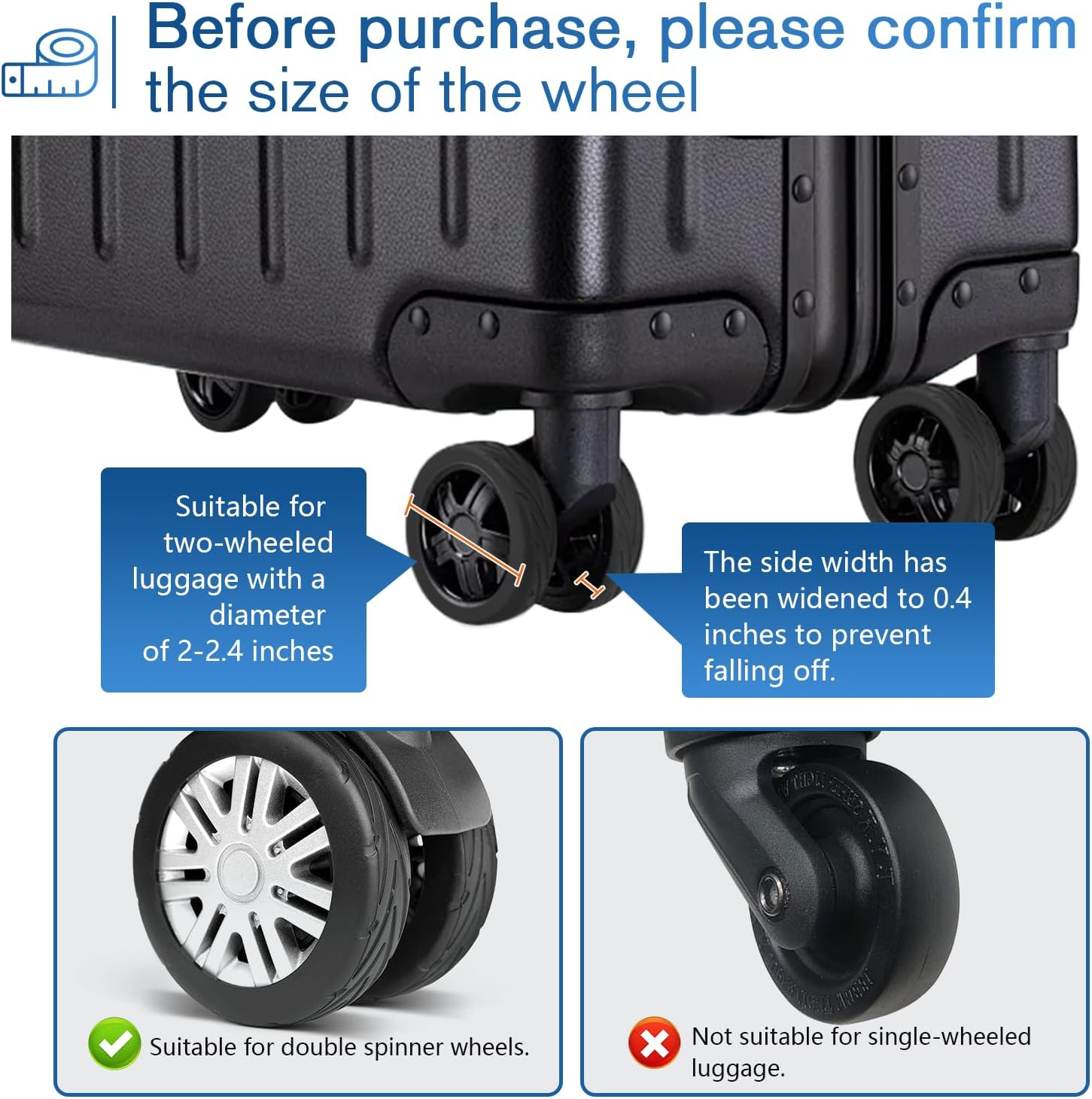 TSJLIKI 8-Pack Upgrade Luggage Wheel Covers, Wear-Resistant & Anti-Noise Silicone Protectors for 5-6Cm Spinner Wheels, Universal Fit for Carry-On Suitcase (Purple) - Blue image number 7