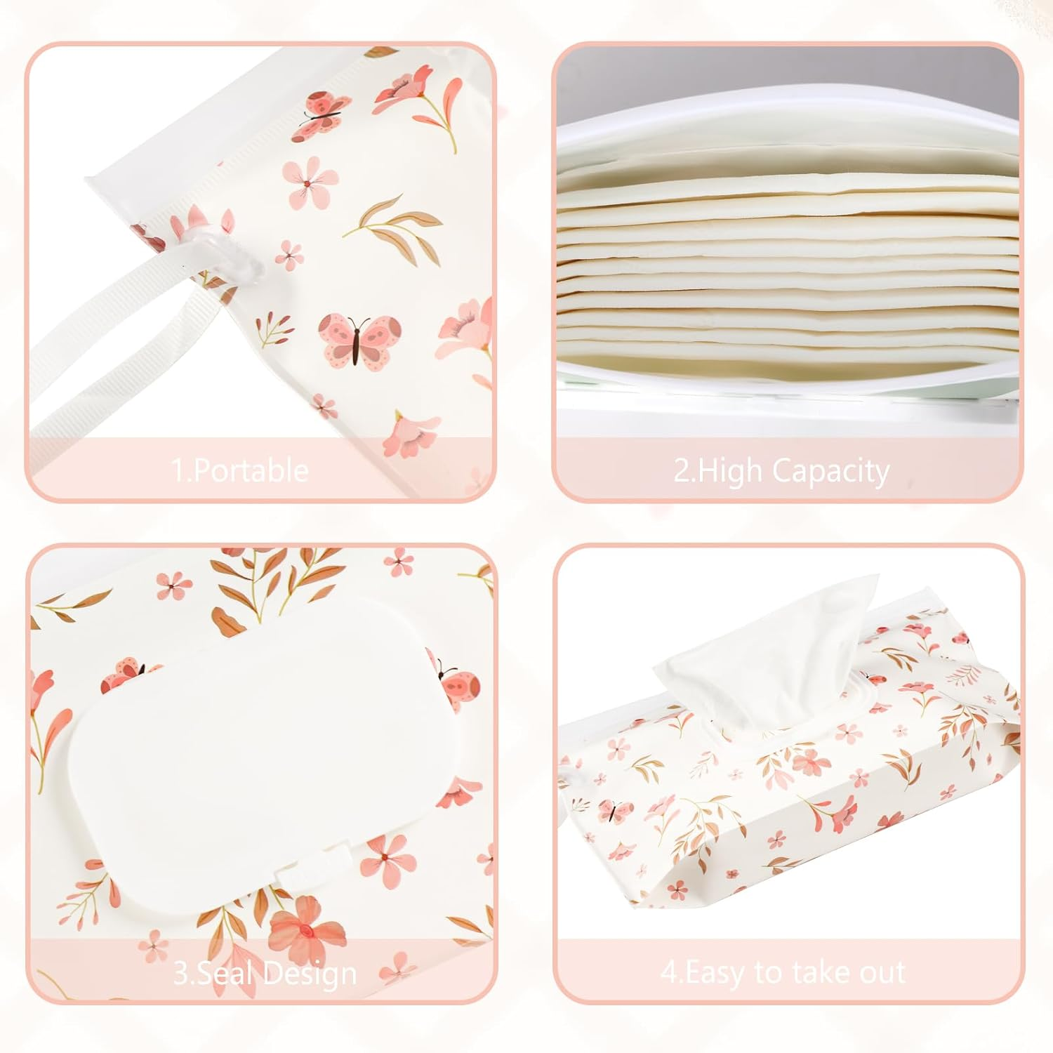 FEBSNOW 2 Pack Baby Wipes Dispenser Holder, Portable Refillable Baby Wet Wipes Pouch Container Reusable Travel Case for Outdoor Hiking, Pink Flower - Beige image number 3