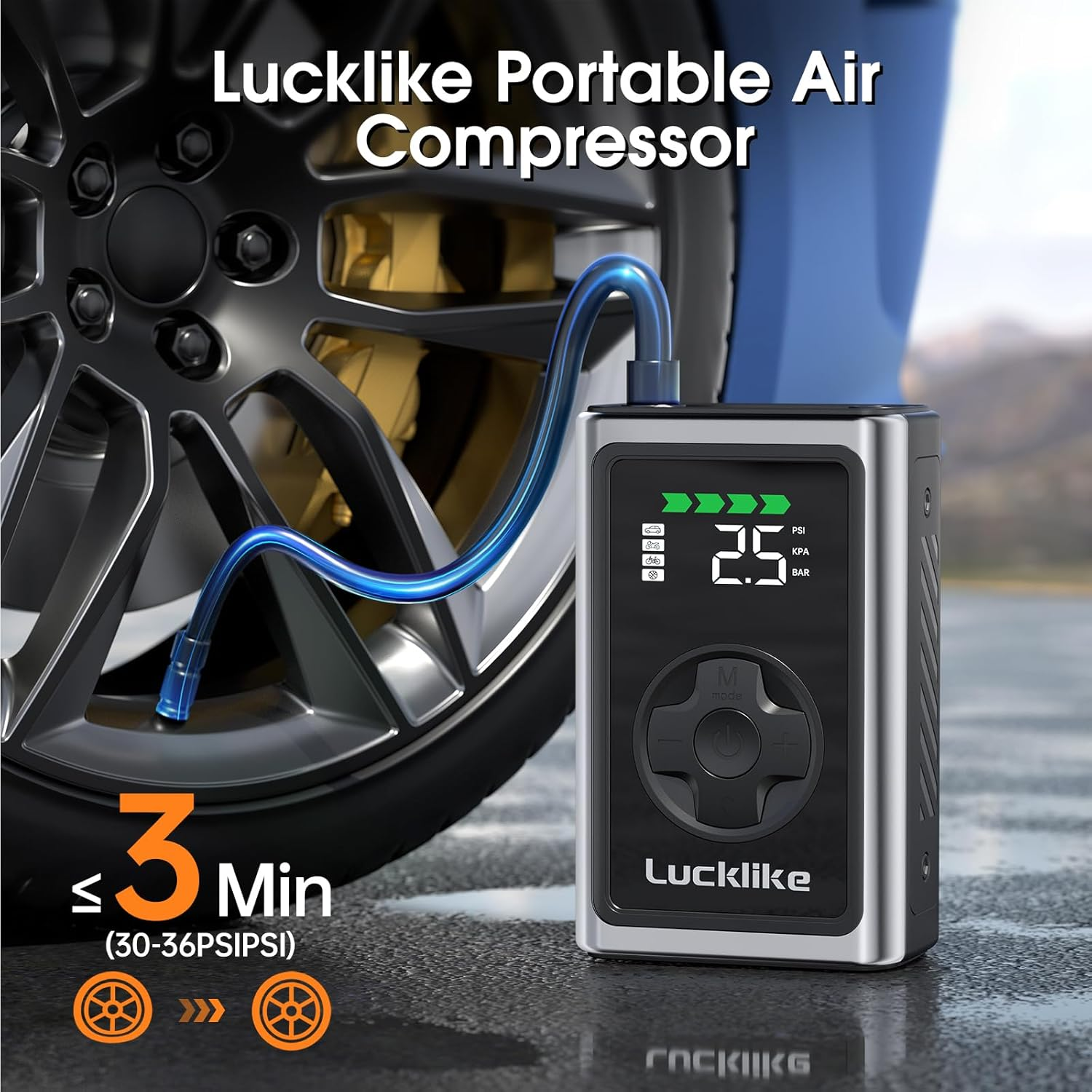 Lucklike Tire Inflator Portable Air Compressor,150Psi Cordless Portable Air Pump for Car Tire, Electric Bike Tire Pump with Digital Pressure Gauge, LED Light for Car, Bike, Motorcycle, Ball image number 1