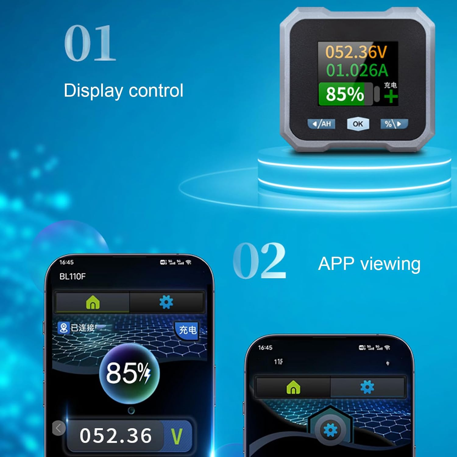 Battery Monitor with Shunt, 50A 10V-100V Capacity Percentage Time Power Voltmeter Display, LCD Backlight Screen for RV Motorcycle Cart Solar Panel image number 5