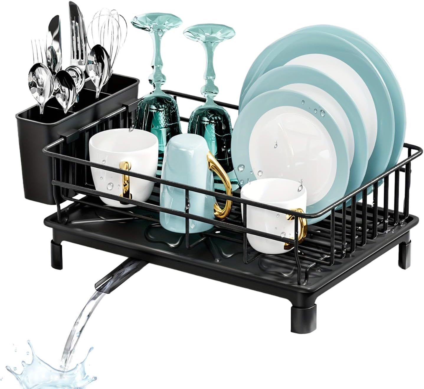 Dish Drying Rack, Dish Racks with Drain Board and 360&deg; Rotating Nozzle for Kitchen Counter Sink Carbon Steel Rustproof, Strong Carbon Steel Dish Drainer for Kitchen Storage & Organisation (Black) image number 4