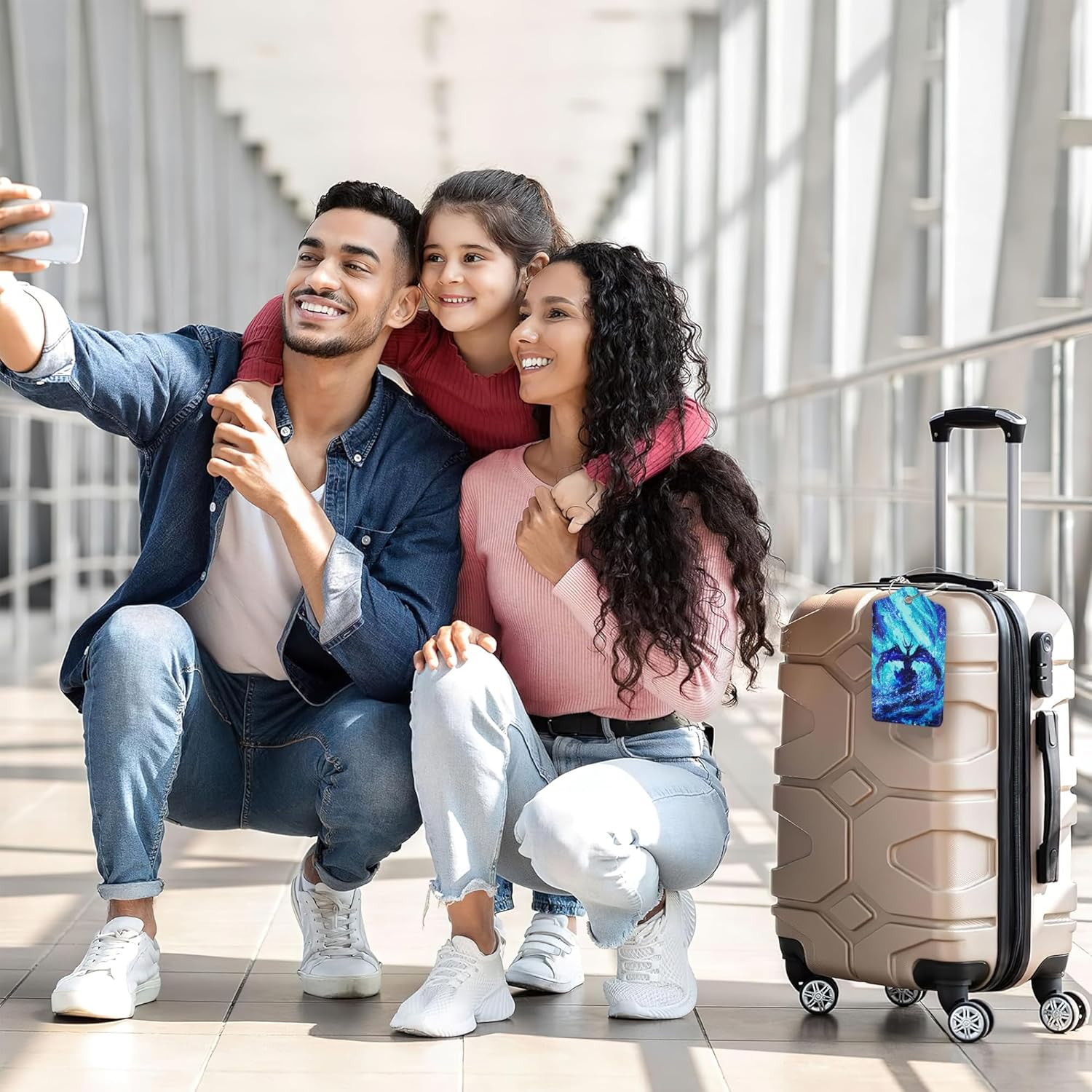 SKYDAWNY 2 Pack Leather Luggage Tags for Suitcase,Blue Dragon Water Glowing Travel Cruise Baggage Tag for Women Men Luggages Bag with Privacy Cover Name ID Label Stainless Steel Loop