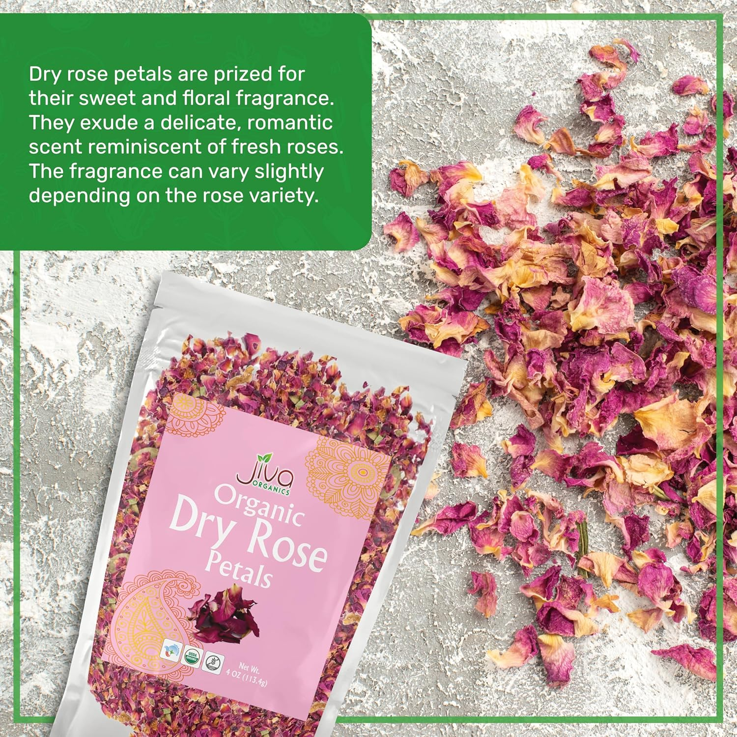 Jiva Organics Dried Red Rose Petals 4 Oz Bag - Non-Gmo, USDA Organic, Food Grade, Edible Flowers - Use in Tea, Baking, Making Rose Water, Crafting, Wedding Confetti image number 1