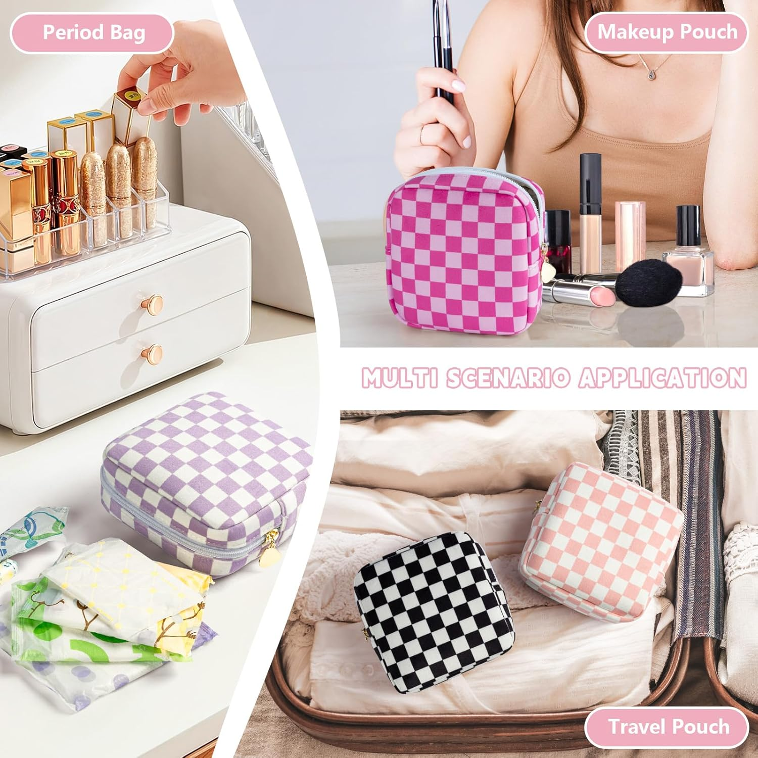 Desing Wish Women'S Make up Bag Small, Pink and Black Checkerboard Pattern - Pack of 2, Mini - Pink And Black Checkerboard Pattern - Pack Of 2 image number 2