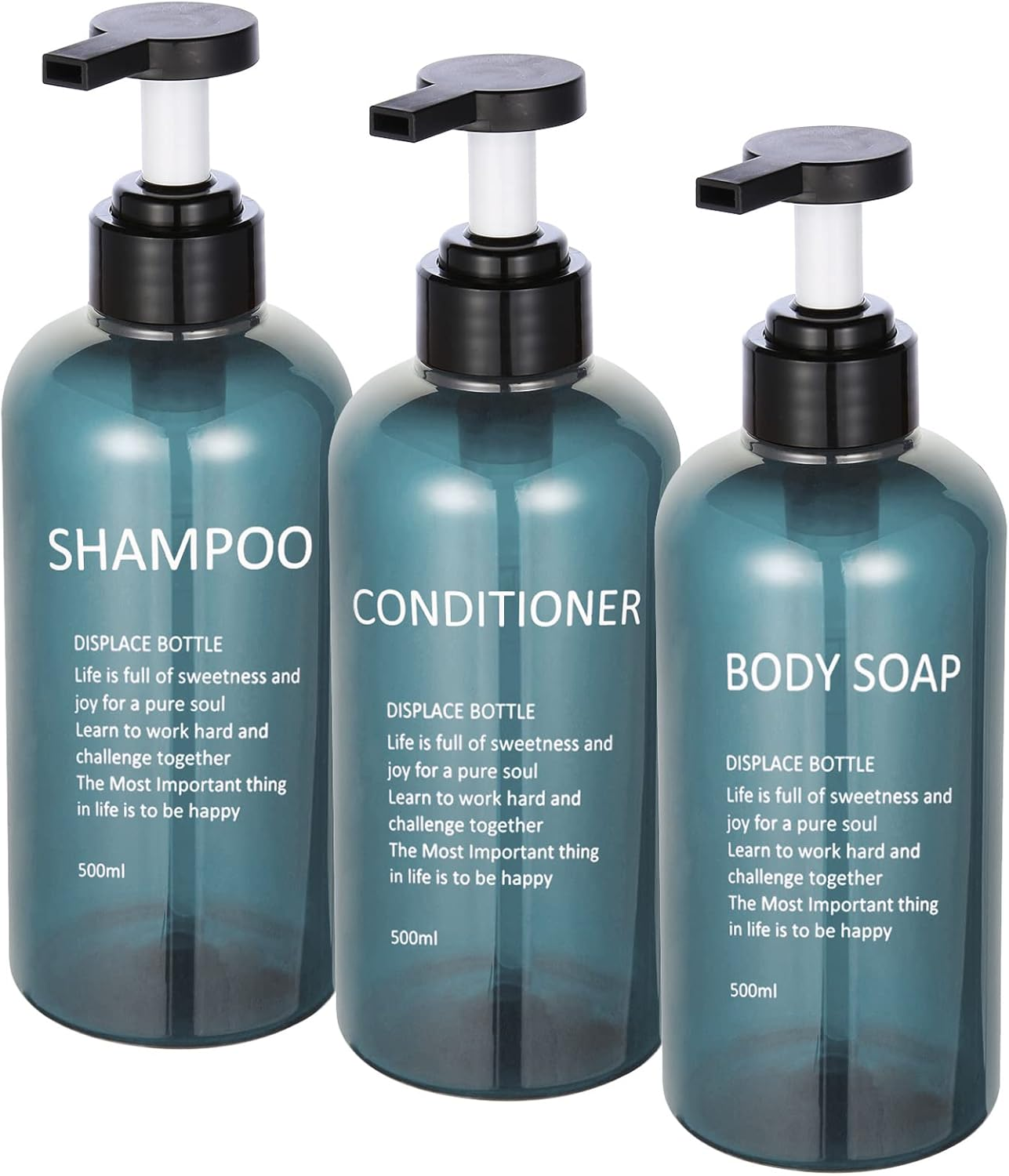 16.9 Oz Shampoo and Conditioner Dispenser with Black Plastic Pump, 3 Pack Shampoo Conditioner Body Wash Dispensers, Shower Soap Dispensers, Blue Plastic Refillable Shampoo and Conditioner Bottles image number 6