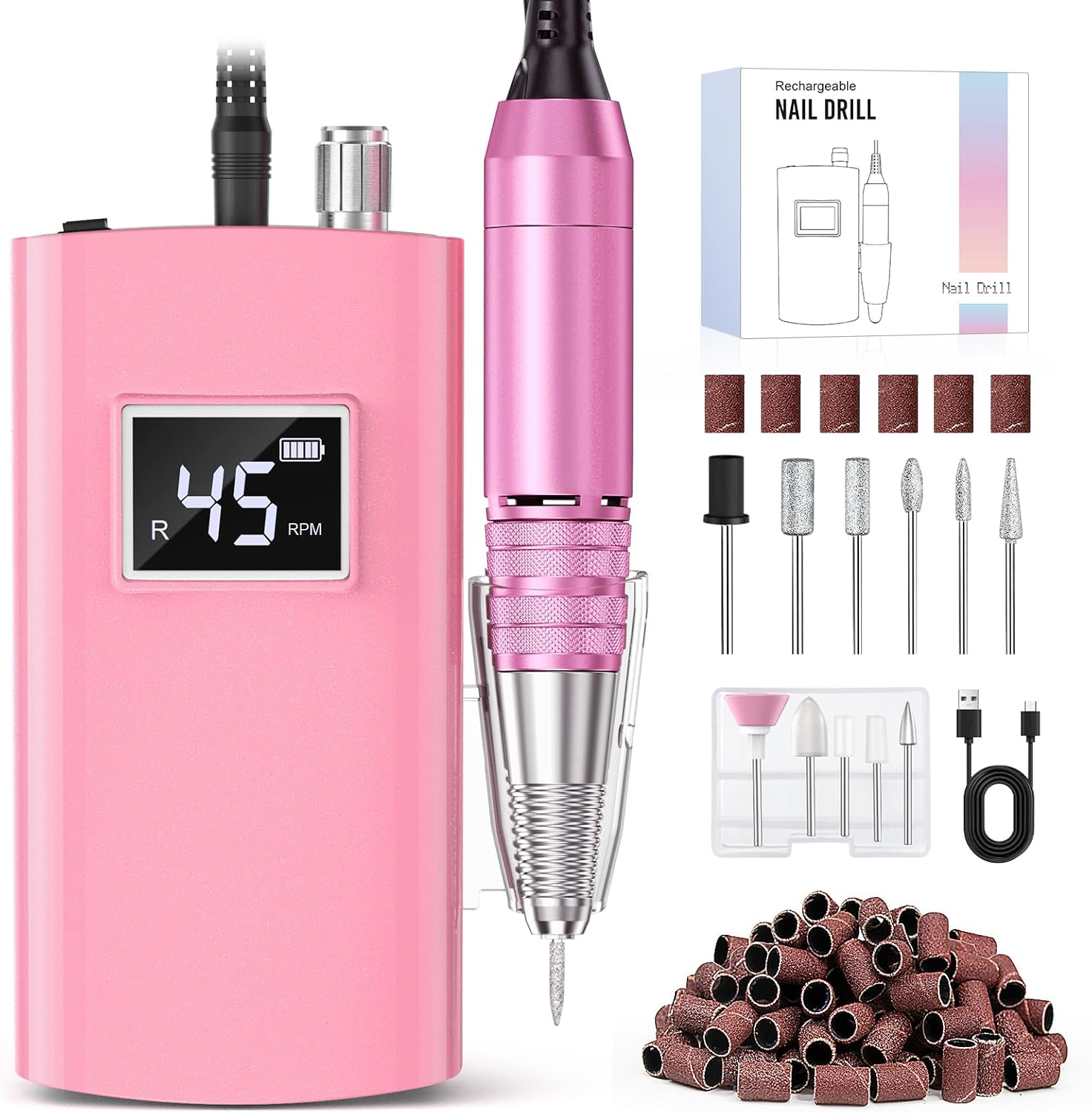 Beloving Portable Nail Drill Professional, 45000RPM Rechargeable Nail Drill Electric File Machine for Acrylic Gel Polish Remover, Cordless Nail Kit for Manicure Pedicure with 11 Bits for Salon Home image number 3