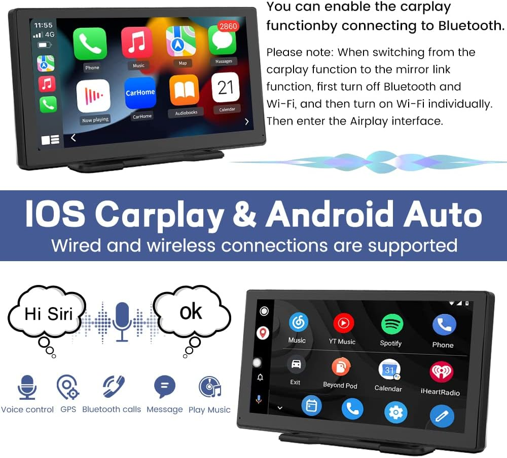 9 Inch Wireless/Wired Carplay, Android Auto and Mirror Link, IPS Touch Screen Portable Car Stereo, Bluetooth Audio, Siri, Navigation Car Screen for All 12-24V Vehicles image number 6
