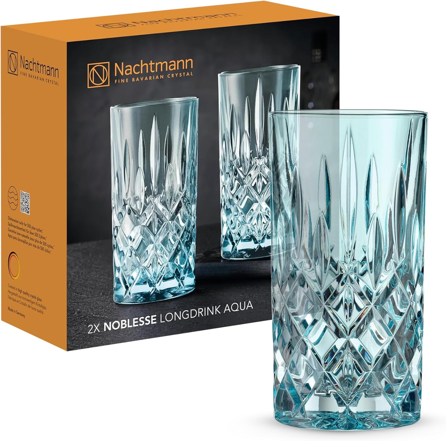 Nachtmann Noblesse Long Drink Glass, Aqua &ndash; Elegant Crystal Barware for Cocktails & Beverages &ndash; Tall Design Maintains Effervescence & Holds Ice &ndash; 395 Ml Capacity (Pack of 2)