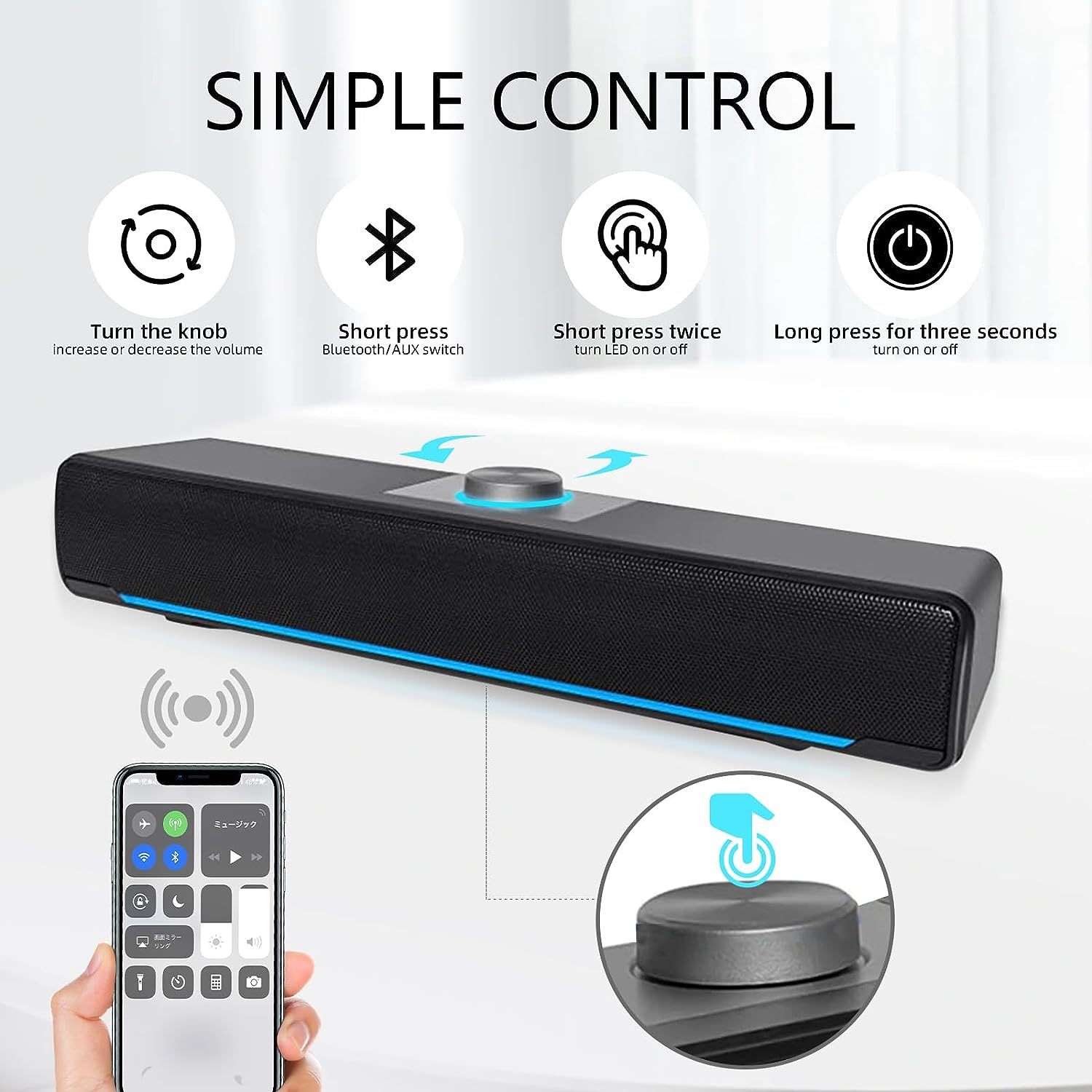 Aufine PC Speakers, Computer Speakers Wired Soundbar USB LED Powered Speakers with Powerful Stereo, 3.5Mm Aux Input, Speakers with Knob Volume Control for PC, Desktop, Laptop, Black image number 4