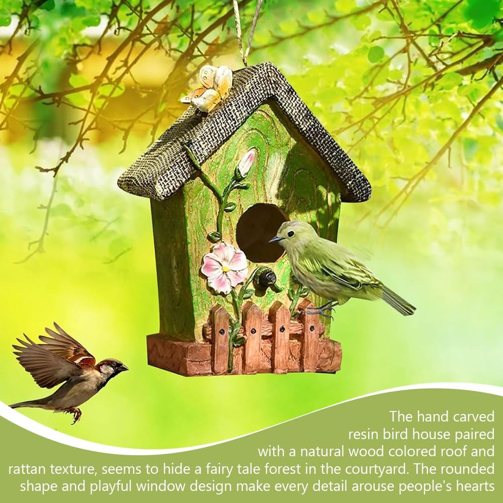 Birdhouse Decoration,Hanging Bird House,Bird Nest Box,Resin Animal House, for Garden, Courtyard, and Outdoor Decor,With Ladybug and Butterfly Statue for Yard Porch Decoration,Green image number 4
