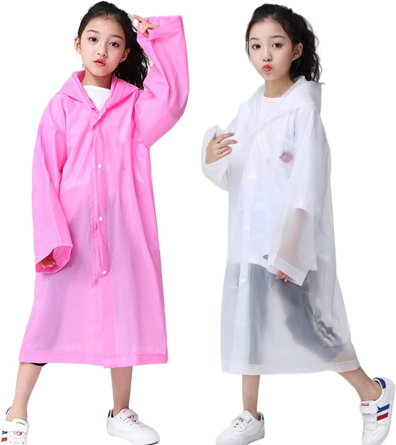 Kids Rain Poncho 2 Pack, Reusable Raincoat Rain Jackets for 6-14 Girls Boys - 2 White image number 6
