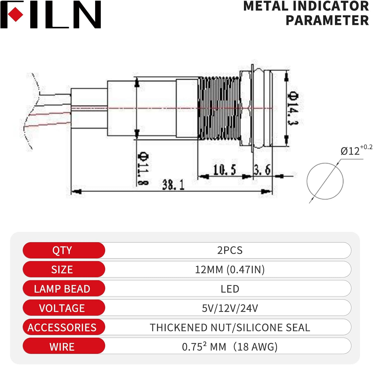 2PCS LED Indicator Lights Includes 180 Replacement Symbols 12V 24V 12Mm Mounting Holes IP67 Waterproof Metal Pilot Lights for Cars Boats Industrial Panels Dashboards(Red LED Light) image number 6