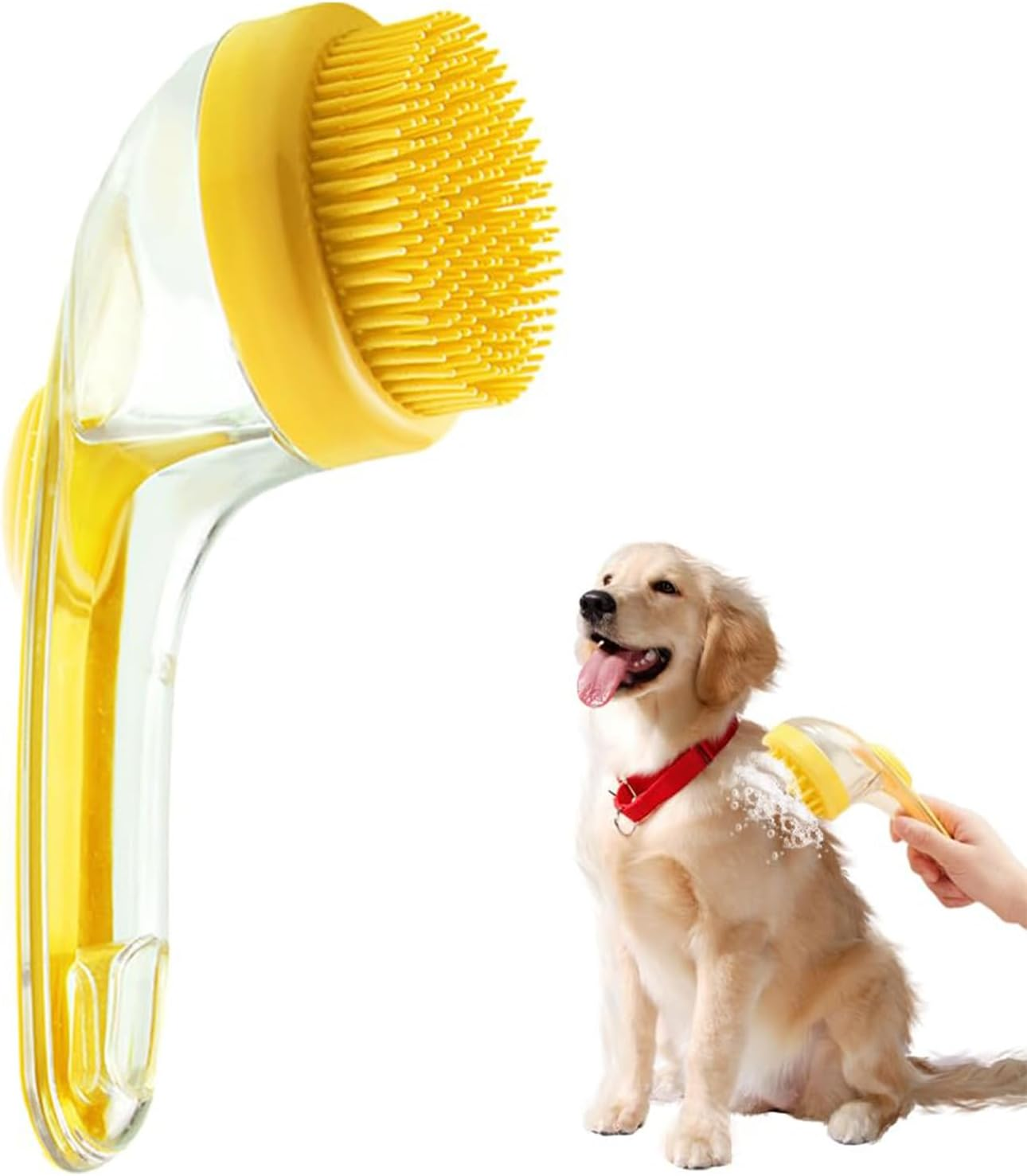 Yeanifeana Pet Bath Brush with Soap Dispenser, 2-In-1 Silicone Dog Cat Bathing Tool, Long Handle Soft Massage Grooming Brush for Dogs Cats Bath Tim (Green)