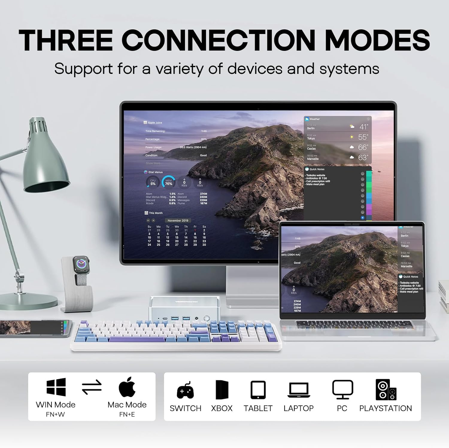 EPOMAKER Aula F108 Wireless Gaming Keyboard with 4000Mah Battery, US Layout Full Size Mechanical Keyboard with 108 Hot-Swappable Keys, RGB, for Mac/Pc/Android (White&Blue) - Black Gradient image number 5