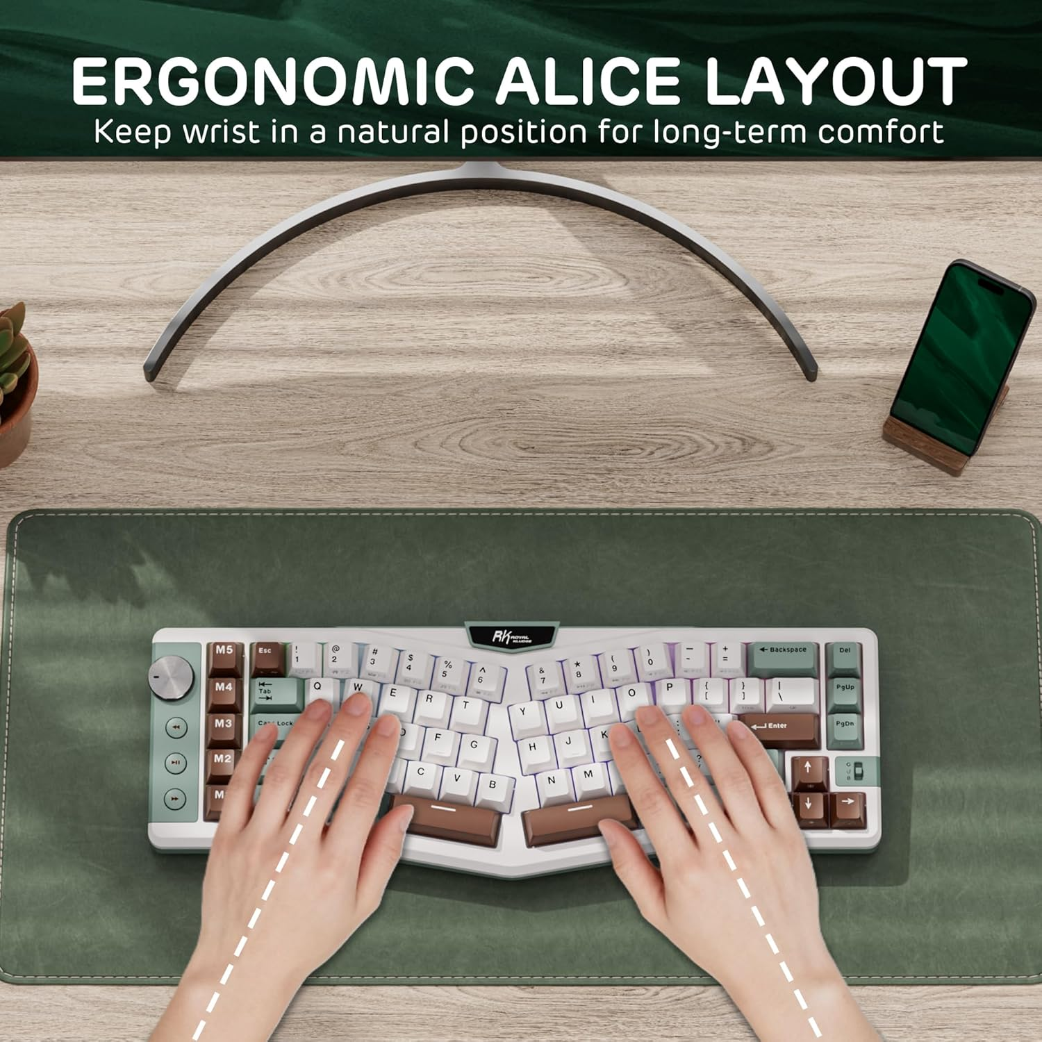 RK ROYAL KLUDGE A72 Alice Ergonomic Wireless Mechanical Keyboard W/Knob/Macro Keys/Touchable Nameplate, Tri-Mode 68% 72-Key Gasket Keyboard BT/2.4G/USB-C, Hot Swap, Win/Mac Software, 7500Mah Battery image number 2