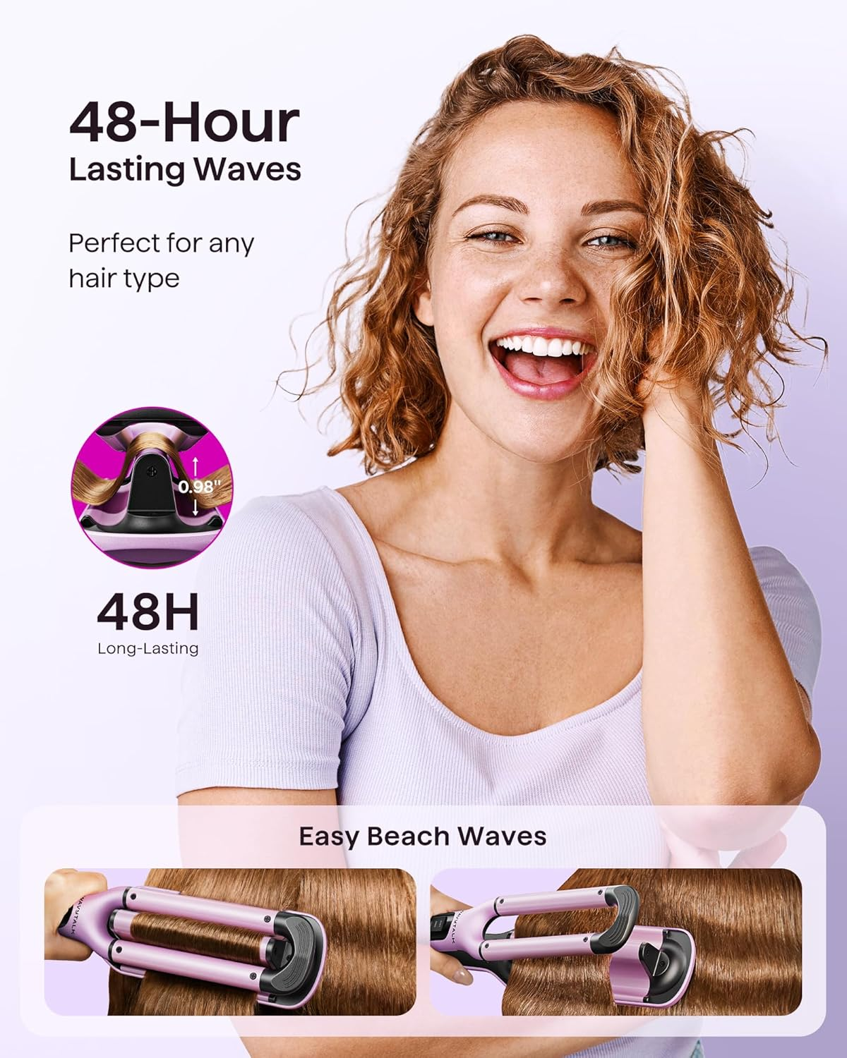 Wavytalk Curling Iron Beachy Waver, Hair Crimpers with 3 Barrel, Ceramic Curling Wand Adjustable Temperature Easy Waves, Dual Voltage, Pink image number 2