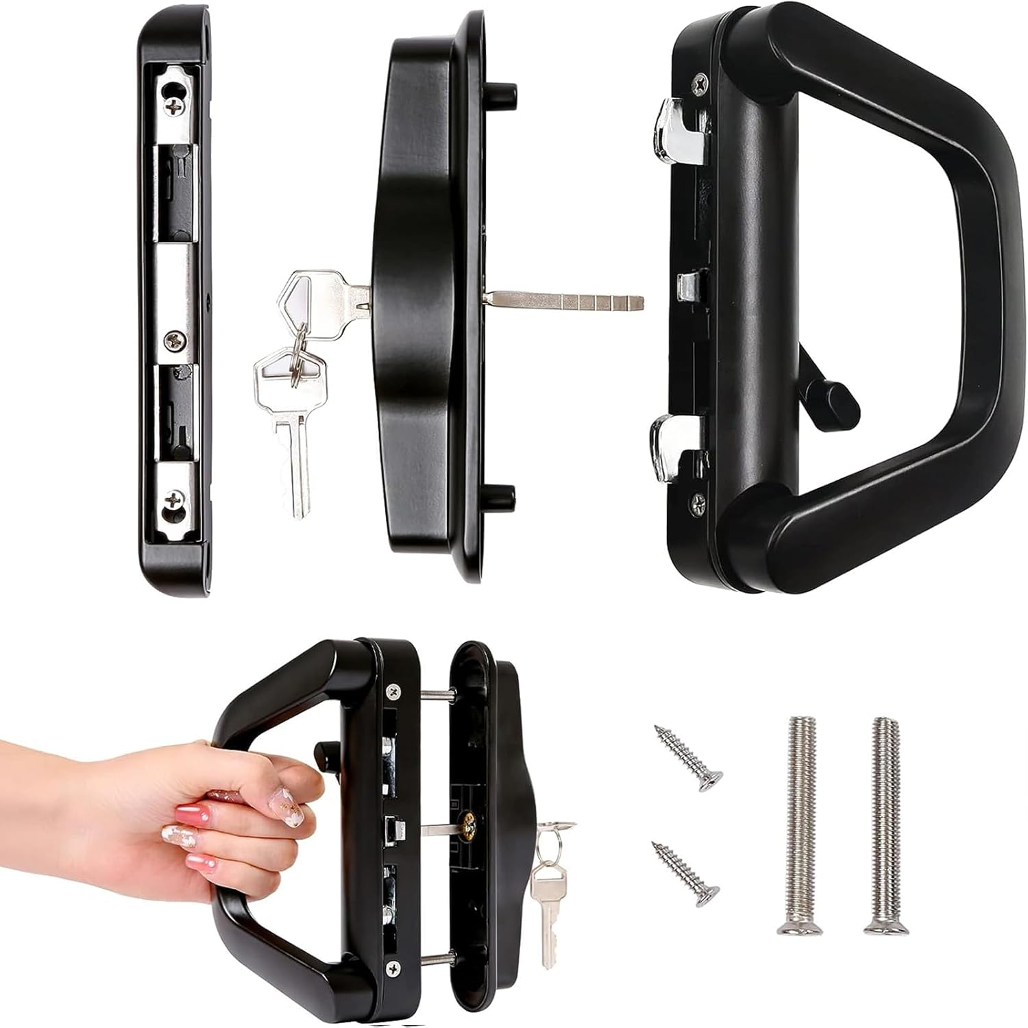 WYJREES Sliding Patio Door Handle Set with Mortise Lock, Suitable for Sliding Glass Patio Door Thickness from 1.5In to 2In, 4-15/16" Screw Holes, Need to Drill, Reversible Design, Keyed, Black image number 6