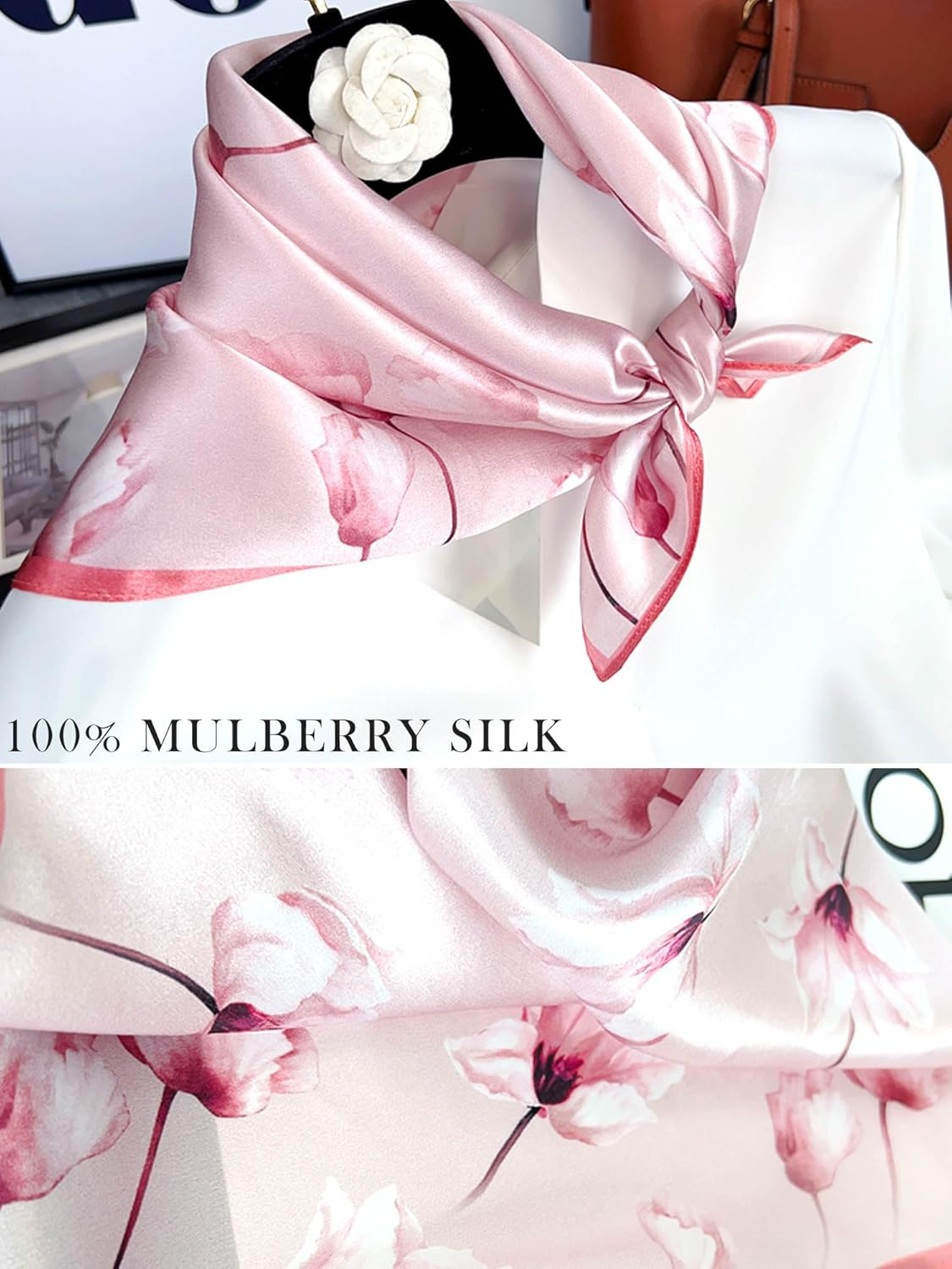100% Mulberry Silk Scarf for Women Hair Lightweight Square Neckerchief Wrap for Head Scarves 21" - 22-Green Belt /21"*21" image number 4