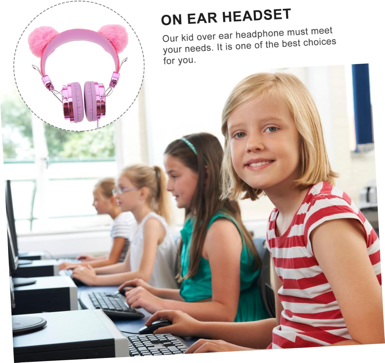 DOITOOL Headphones Wired Headset with Cartoon Fur Ball Cat Ears for Lightweight High-Fidelity Cable Accessory Random Color image number 4