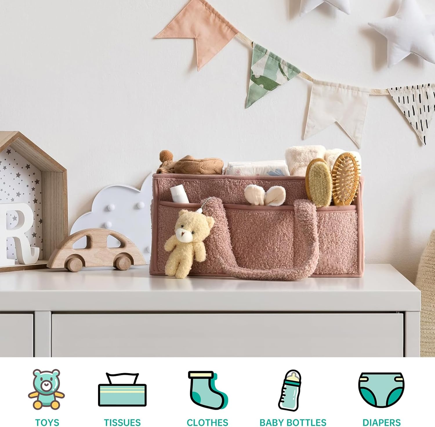 Baby Diaper Caddy Organizer, Nappy Caddy Storage Basket for Diapers and Baby Wipes, Portable Diaper Storage Bag, with Bear Decorations, Perfect Present for New Mom, Nursery (Pink) image number 2