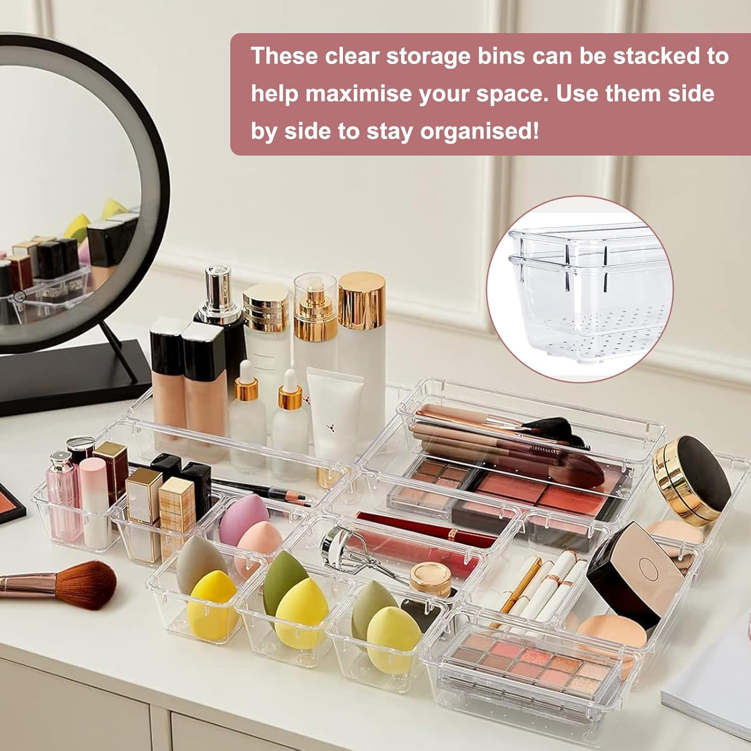 Clear Plastic Drawer Organizers Set, 4-Size Versatile Bathroom and Vanity Organizer Trays, Non-Slip Storage Containers for Makeup, Jewelries, Bedroom, Kitchen Utensils and Office（25Pcs）