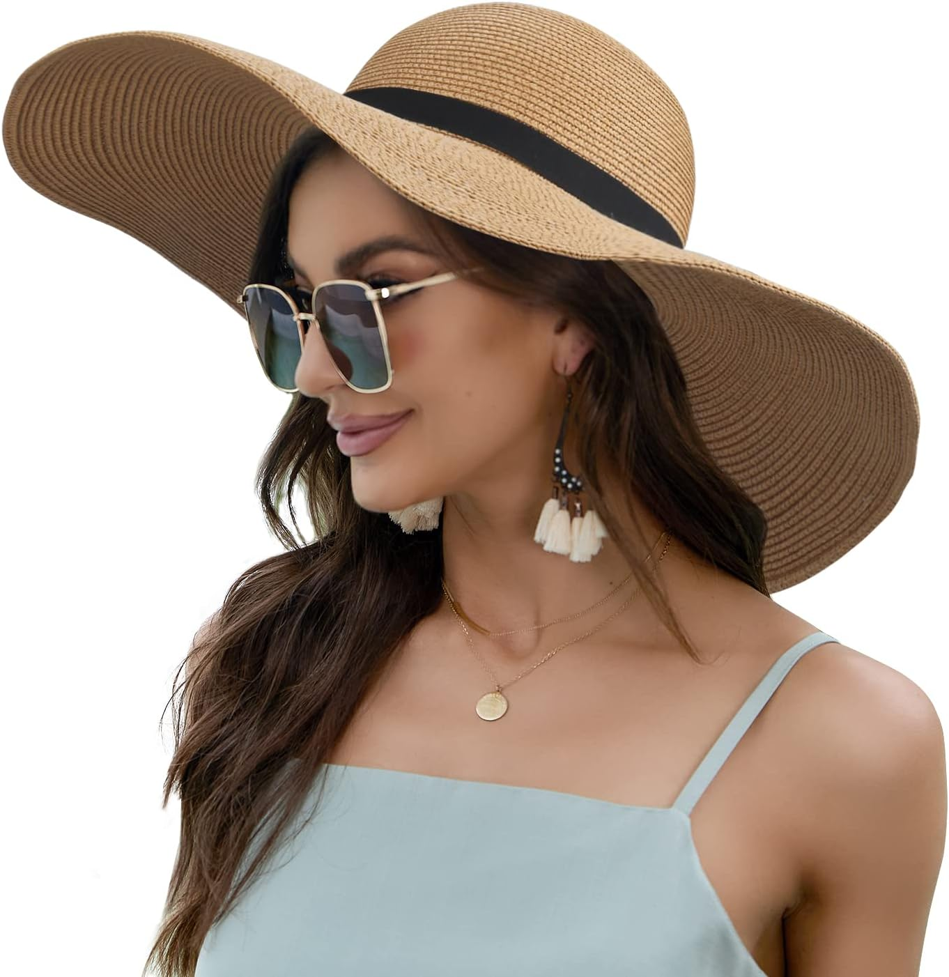 Naivlizer Women Wide Brim Sun Hat UPF50 Straw Summer Hat Floppy Beach Hat Roll-Up - Beige image number 5